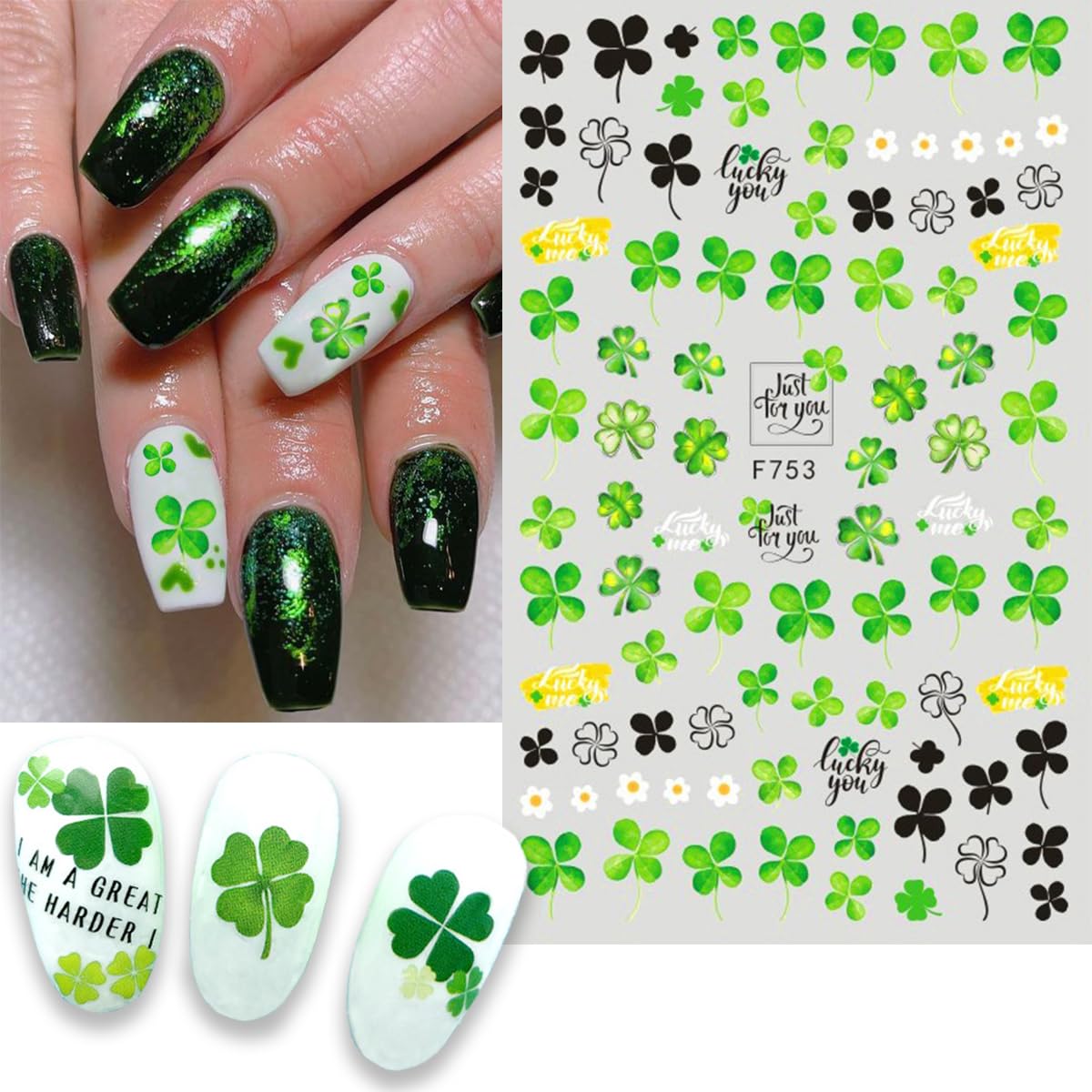 Alternative view of 6 Sheets St. Patrick's Day Nail Art Stickers Green Shamrock Nails Stickers 3D Self Adhesive Nail Decals Shamrocks Nail Designs Green Nails Art Supplies for Women St. Patrick's Day Manicure Decoration