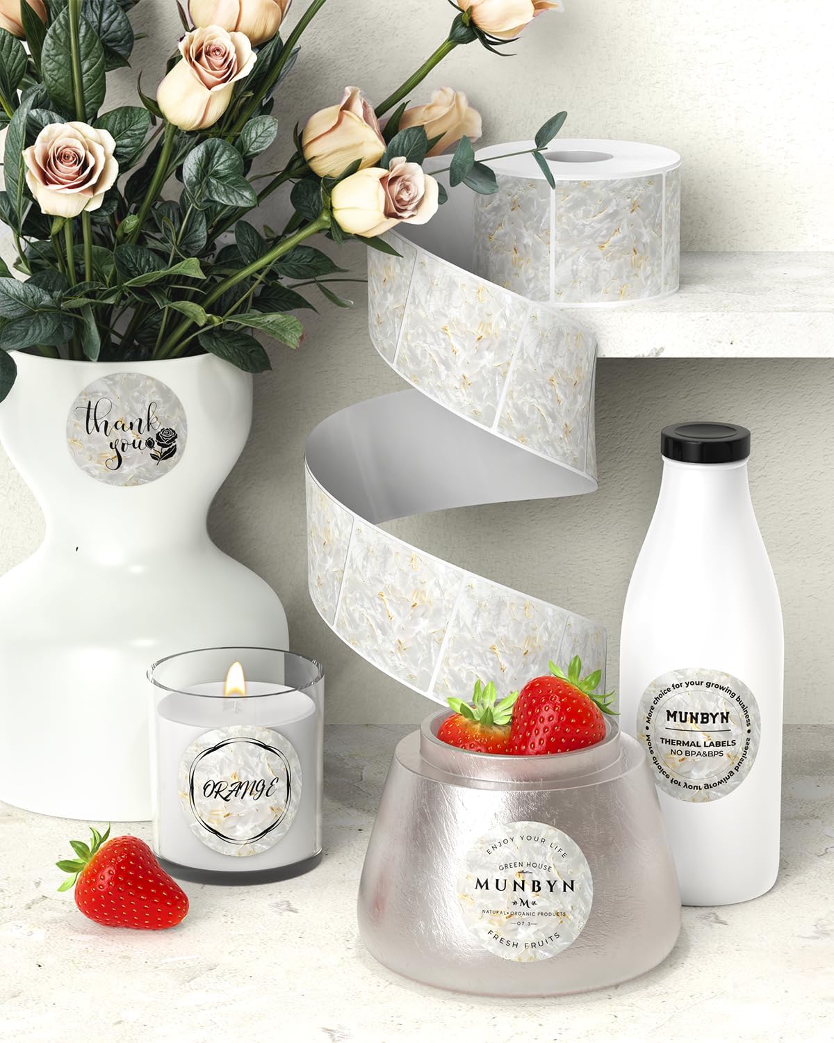 MUNBYN 2 Inch Round Shell Texture Thermal Labels, Waterproof Circle Stickers for Small Business, 500 Labels/Roll (White)