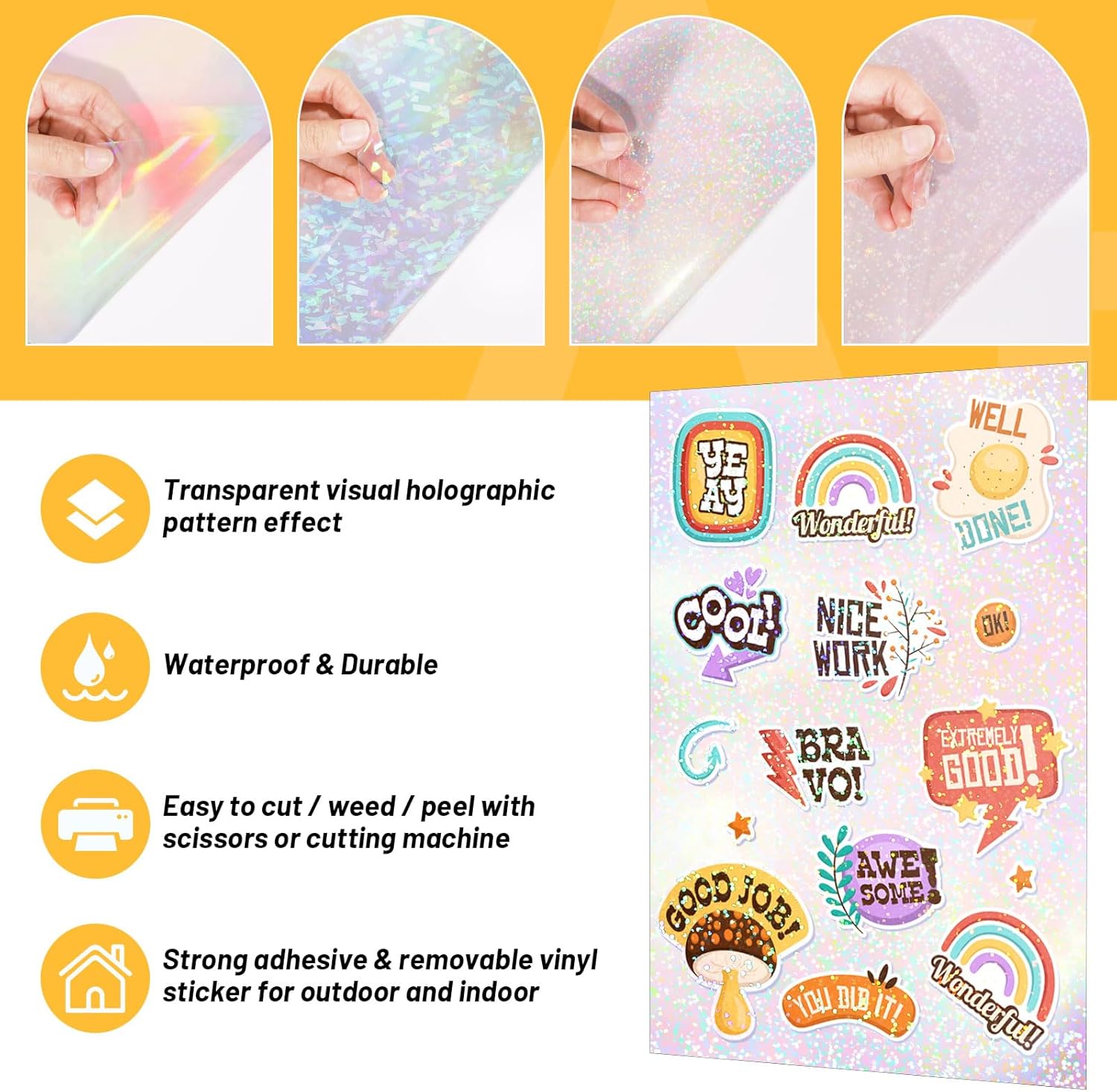 Alternative view of TECKWRAP Holographic Laminate Sheets for Stickers Self Adhesive Vinyl Laminating Sheets Holographic Sticker Paper Clear Vinyl for Inkjet Printer 8.26" x 11.69" A4 28 Sheets (Rainbow,Gem,Star, Sparkle)