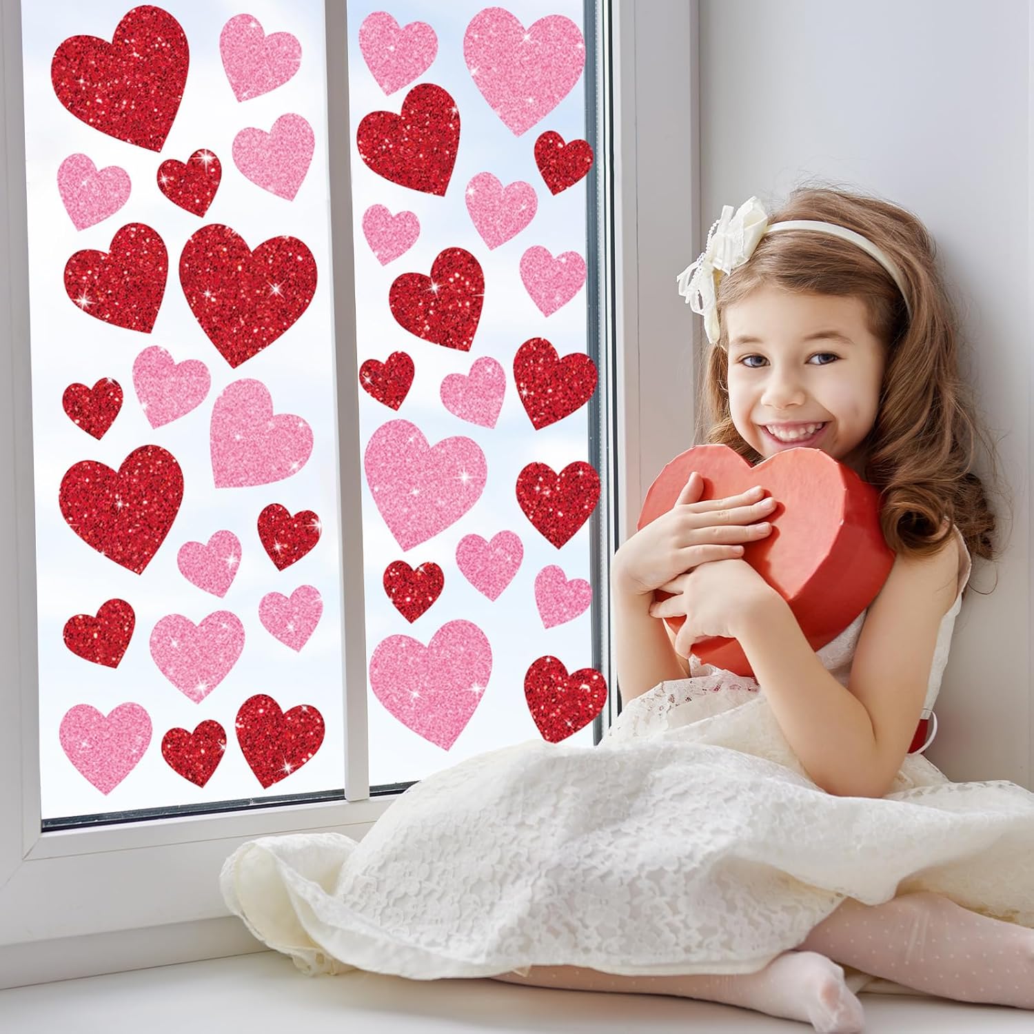 Whaline 6 Sheets Glitter Hearts Window Clings Valentine's Day Decor Reusable Love Hearts Window Stickers for Wedding Anniversary Home Party Supplies