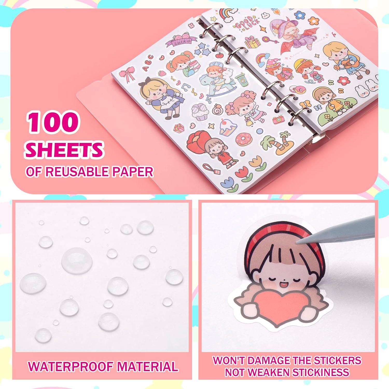 Alternative view of SUNEZLGO Reusable Sticker Album with Pockets, 100 Sheets, Blank Sticker Book with Tweezer and Spatula (A6)