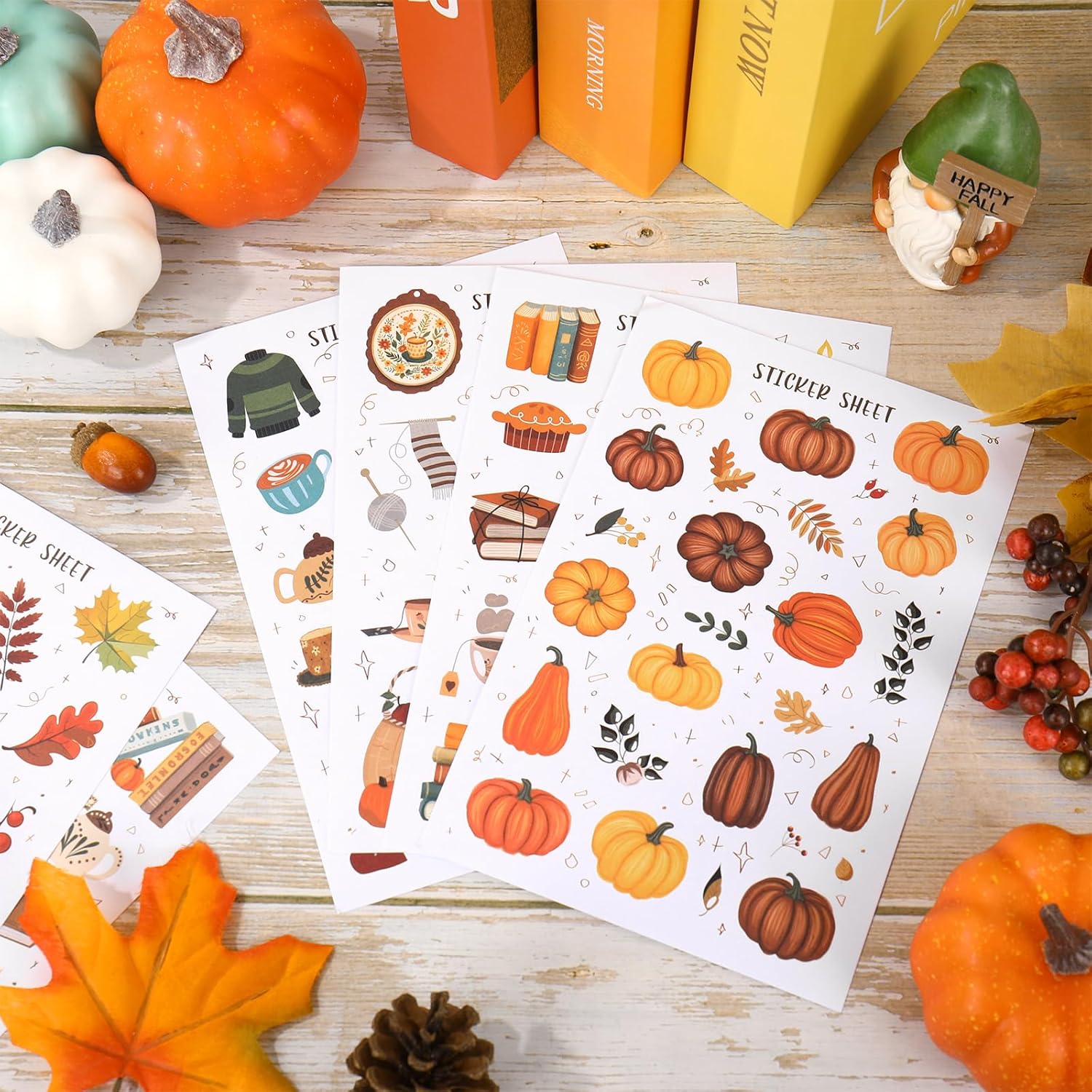Whaline 30 Sheet Fall Scrapbook Stickers Book Pumpkin Leaves Journal Decals for Autumn Thanksgiving Laptop Water Bottle Decoration Supplies