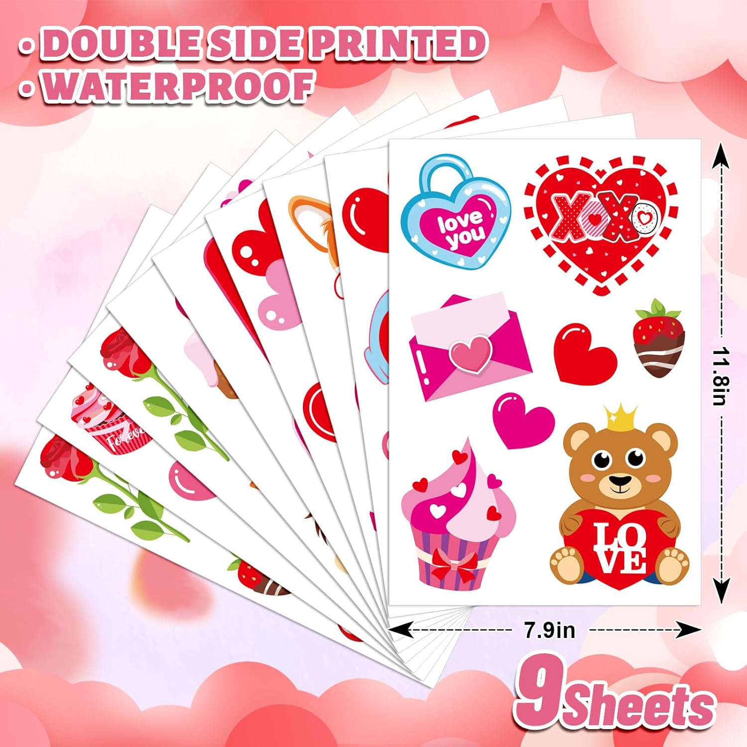 Whaline 9 Sheets Valentine's Day Cartoon Window Cling Stickers Red Pink Love Heart Cake Gnome Reusable Window Decals for Wedding Anniversary Party Home Office Classroom Decoration