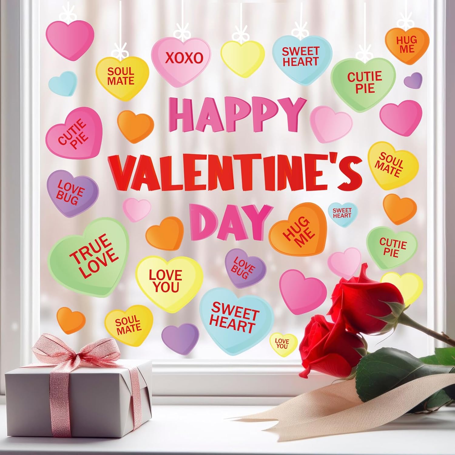 Whaline Happy Valentine's Day Window Clings Conversation Candy Heart Window Stickers Double-Side Glass Decals for Home Party Supplies, 7.9 x 11.8 Inch, 9 Sheets