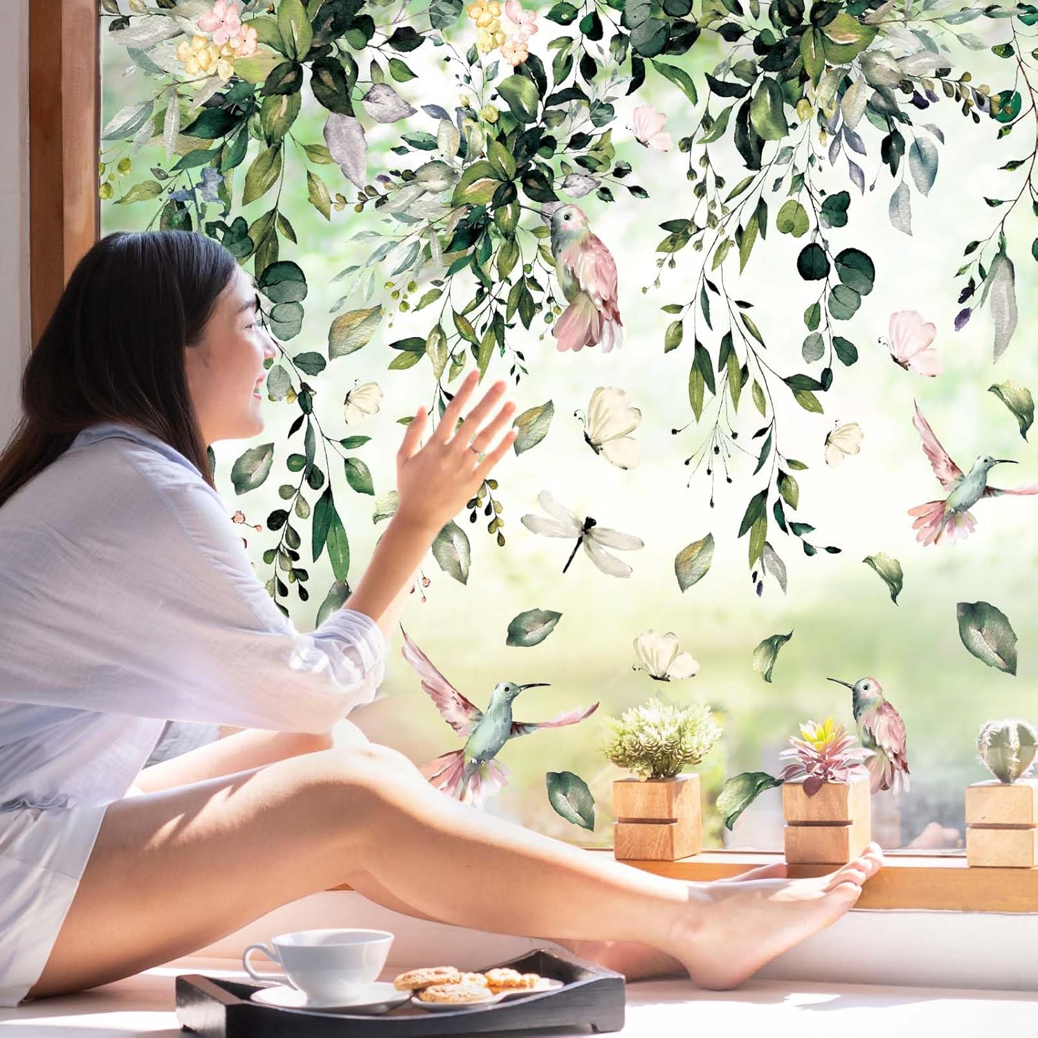 Alternative view of Whaline 9 Sheets Spring Summer Flowers Window Clings Eucalyptus Flower Glass Stickers Plant Hanging Vine Floral Leaf Reusable Decals Window Privacy Film for Wedding Party Home Decor Supplies