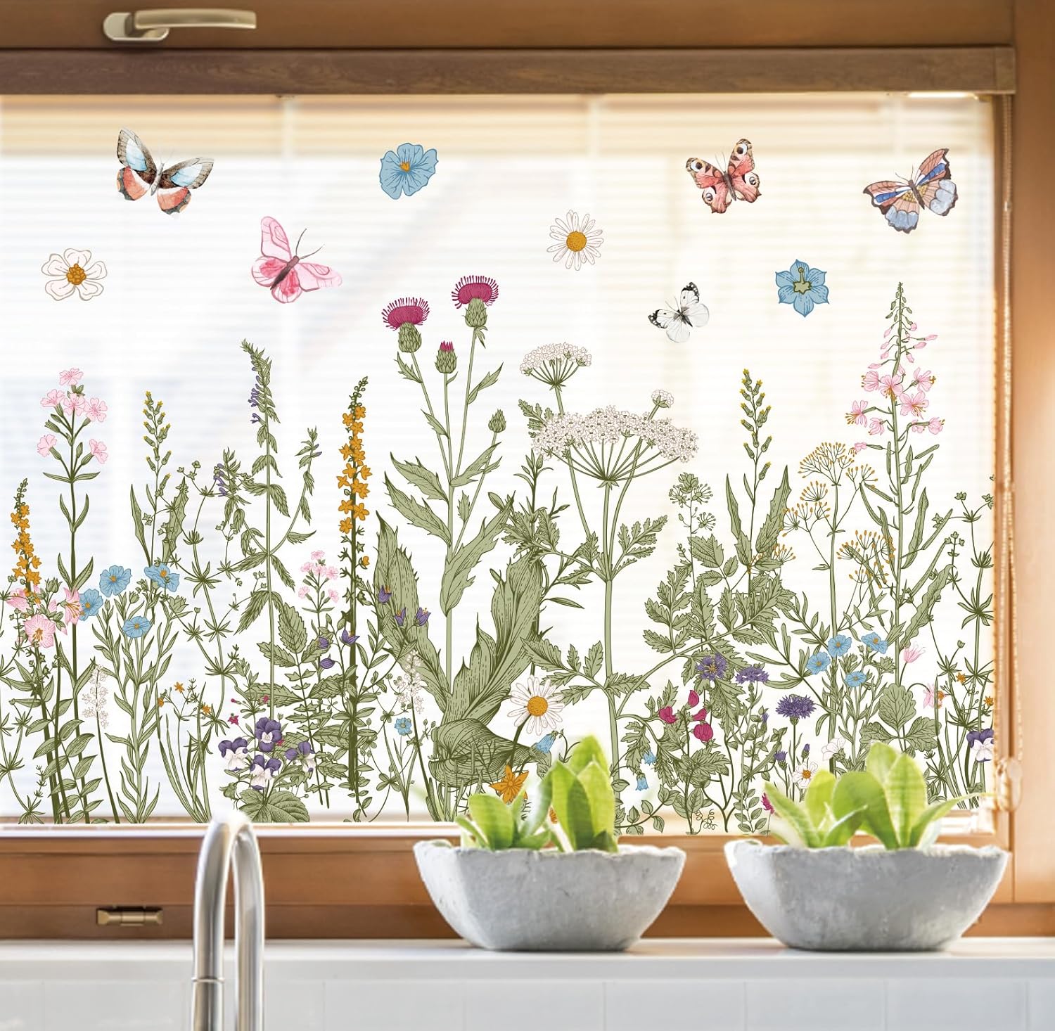 Whaline 6 Sheets Spring Vintage Wildfloral Window Clings Summer Butterfly Window Decal Double-Sided Watercolor Flower Decor for Fall Mirror Glass Display Shop Office School Supplies