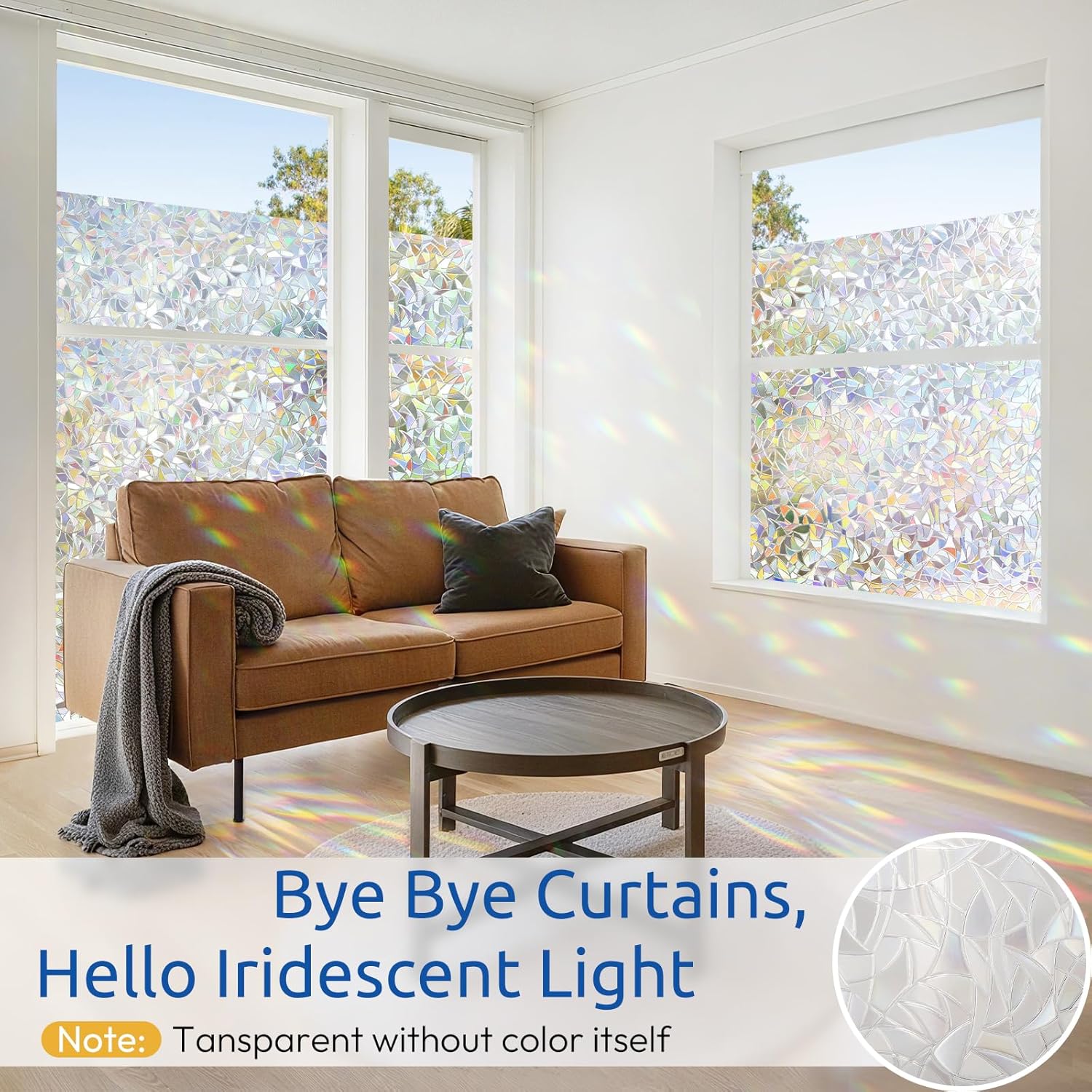 rabbitgoo Window Privacy Film Stained Glass Rainbow 3D Prism Decorative Iridescent Window Sticker Static Cling Suncatcher UV Protection for Home Heat Control, 17.5" x 78.7"