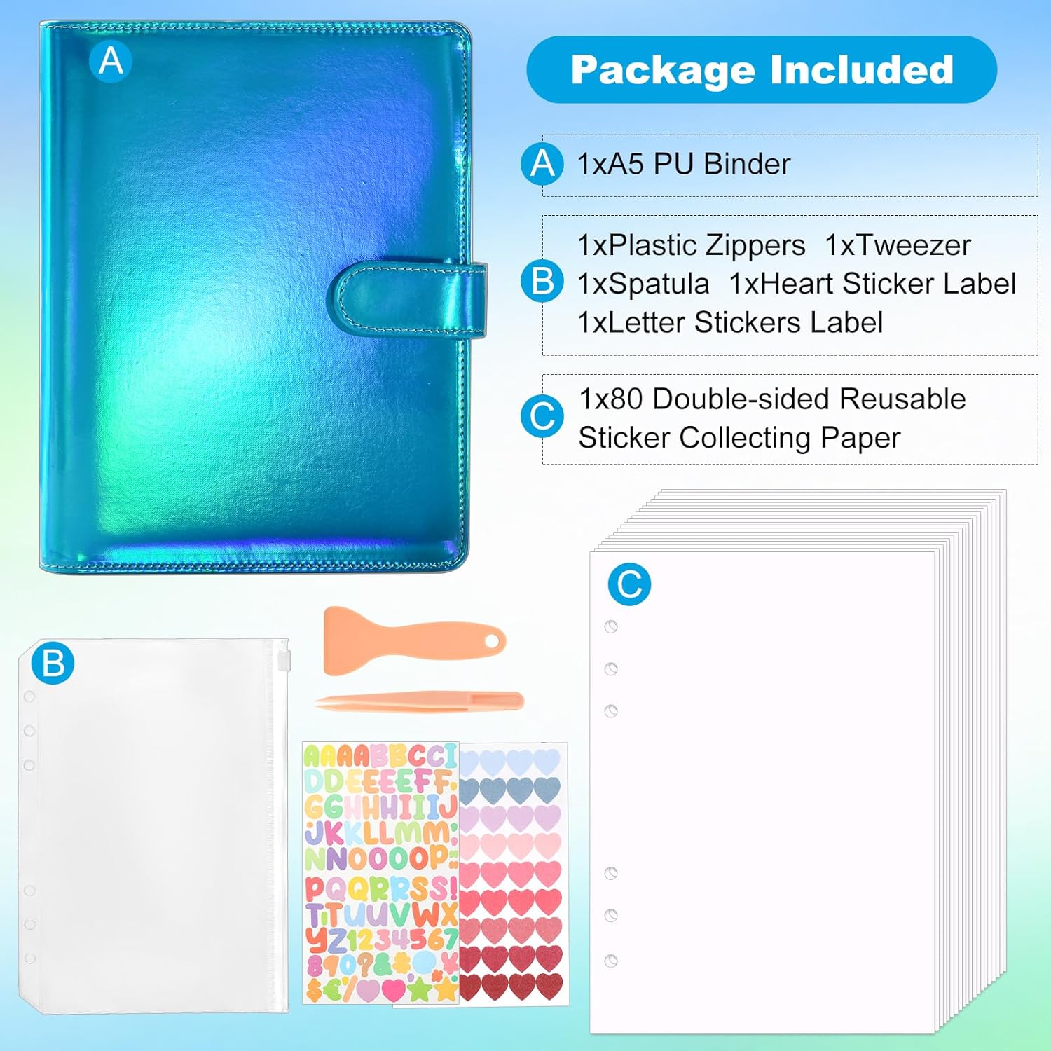 Alternative view of Deqing warm Reusable Sticker Book Collecting Album,A5 PU Sticker Collecting Book with Heart Label & Letter Label,Holographic Cover