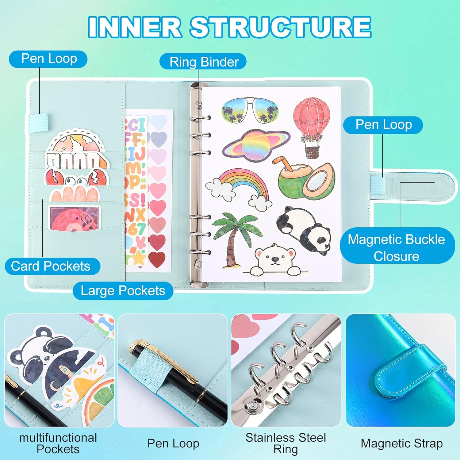 Deqing warm Reusable Sticker Book Collecting Album,A5 PU Sticker Collecting Book with Heart Label & Letter Label,Holographic Cover - Image 3