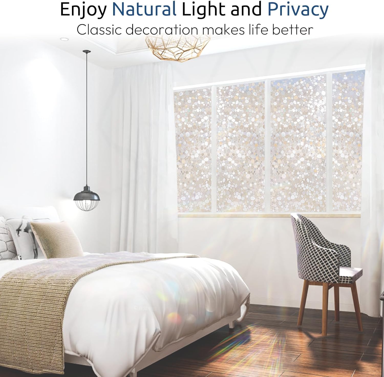 rabbitgoo Window Privacy Film, Decorative Rainbow Window Clings for Glass Covering, Static Cling Non Adhesive Door Stickers UV Blocking, Stained Glass Vinyl Decal, 3D Pebble, 17.5 x 78.7 inches