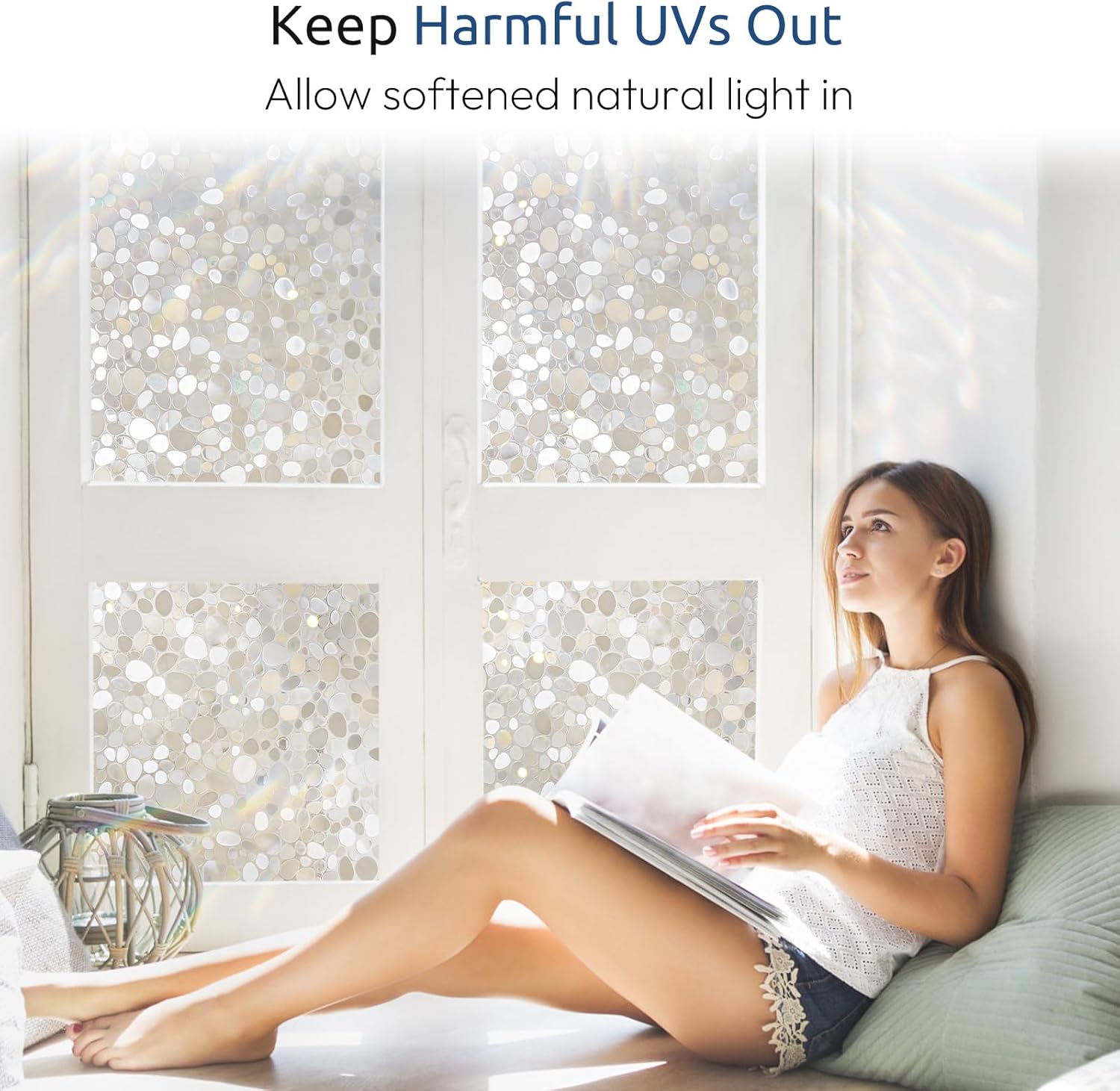 rabbitgoo Window Privacy Film, Decorative Rainbow Window Clings for Glass Covering, Static Cling Non Adhesive Door Stickers UV Blocking, Stained Glass Vinyl Decal, 3D Pebble, 17.5 x 78.7 inches - Image 3