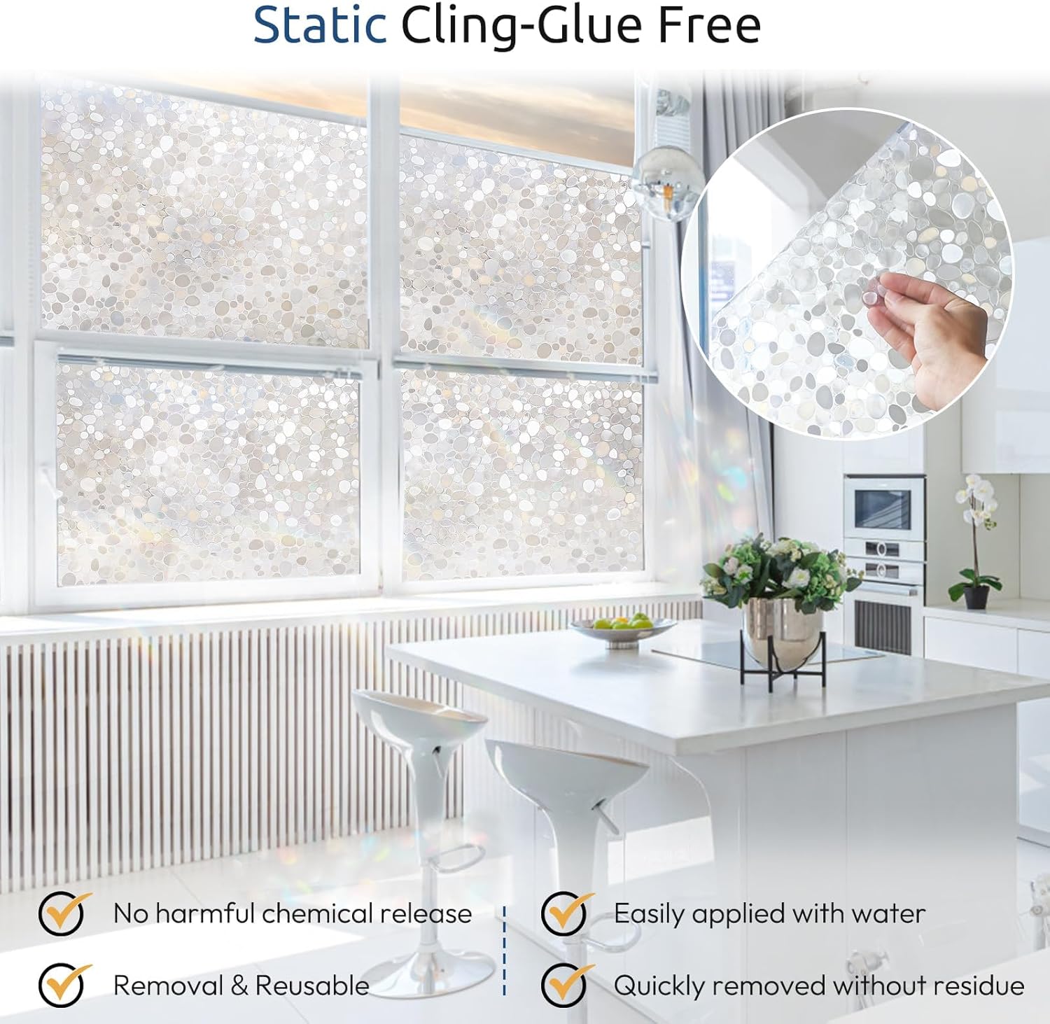 rabbitgoo Window Privacy Film, Decorative Rainbow Window Clings for Glass Covering, Static Cling Non Adhesive Door Stickers UV Blocking, Stained Glass Vinyl Decal, 3D Pebble, 17.5 x 78.7 inches - Image 4