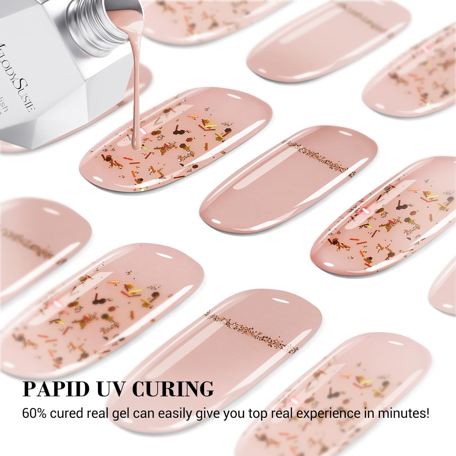 MelodySusie Semi Cured Gel Nail Strips (Glitter Pink)- Works with Nail lamp, Salon-Quality, Long Lasting, Easy to Apply & Remove - Includes 20pcs