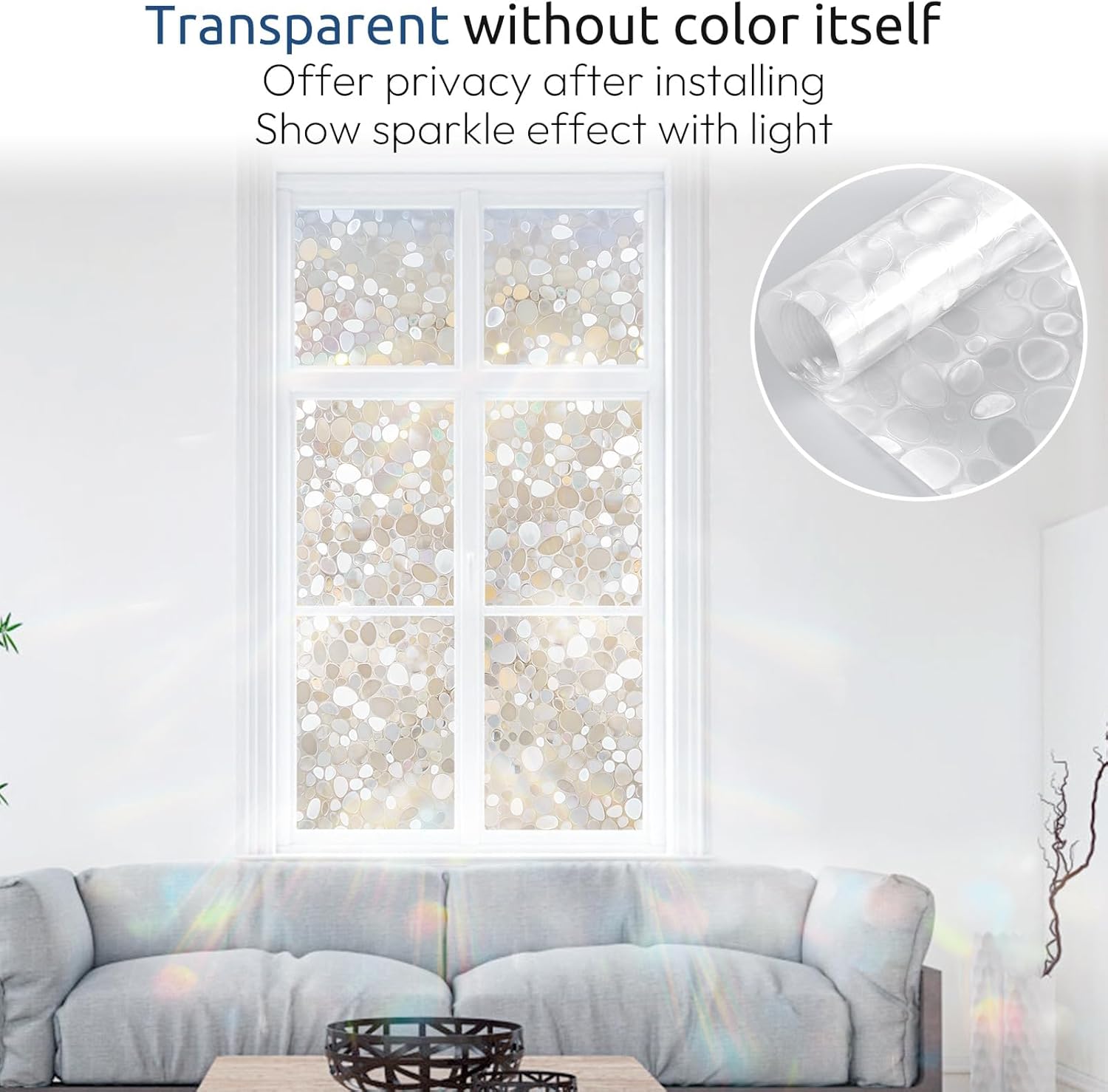rabbitgoo Window Privacy Film, Decorative Rainbow Window Clings for Glass Covering, Static Cling Non Adhesive Door Stickers UV Blocking, Stained Glass Vinyl Decal, 3D Pebble, 17.5 x 78.7 inches - Image 6