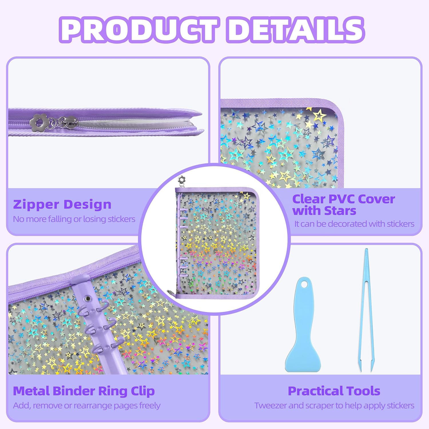 Alternative view of Mlife Sticker Storage Organizer, Sticker Organizer Binder Reusable Sticker Book Collecting Album A5 Sticker Collecting Book Sticker Album Holder with Blank Release Paper, Tweezer & Spatula(Purple)