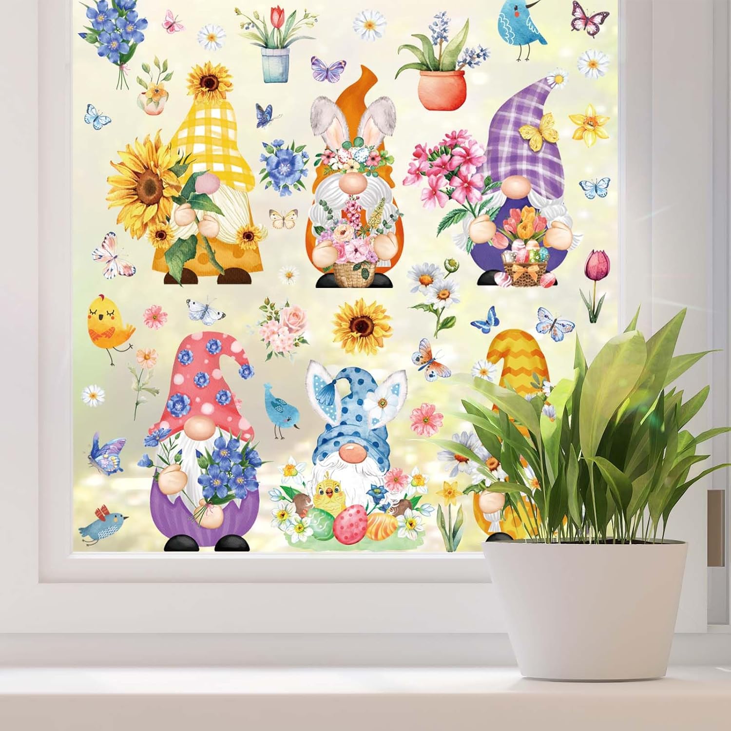 Whaline 9 Sheets Spring Gnome Flower Window Clings Watercolor Floral Butterfly Birds Window Stickers Easter Colorful Reusable Static Window Decals for Home School Party Decor Supplies