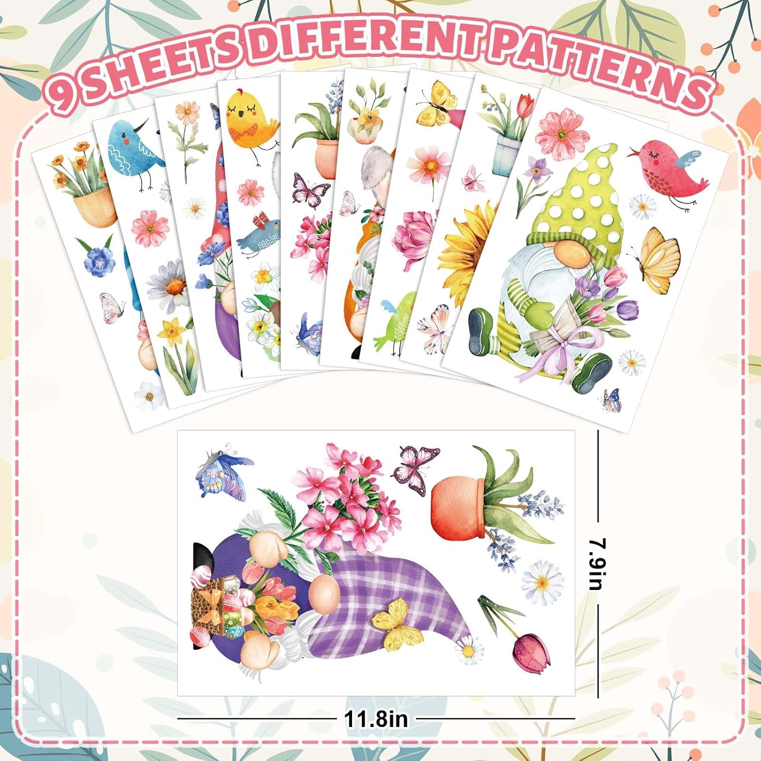 Alternative view of Whaline 9 Sheets Spring Gnome Flower Window Clings Watercolor Floral Butterfly Birds Window Stickers Easter Colorful Reusable Static Window Decals for Home School Party Decor Supplies