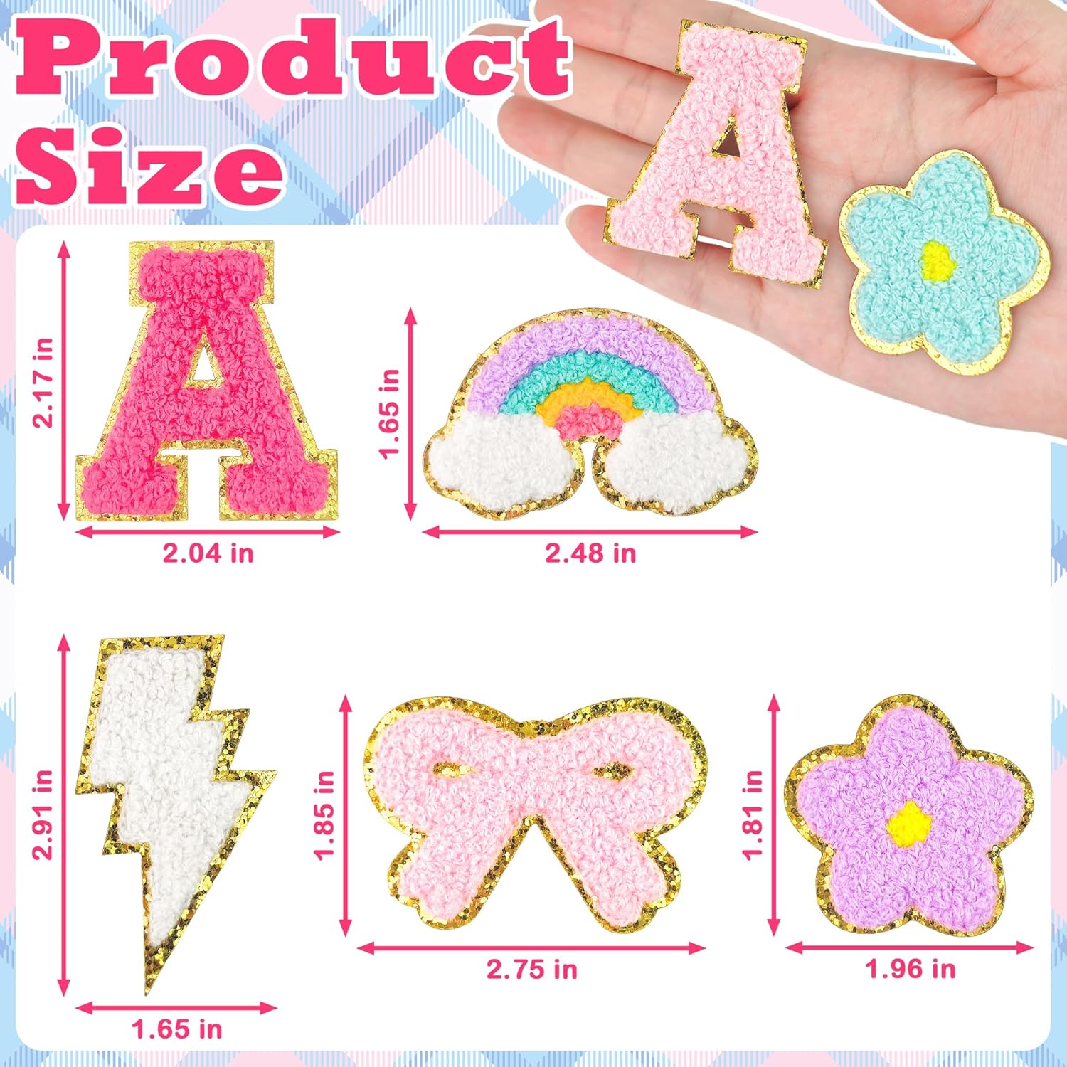 72Pcs Chenille Letters Patches Self Adhesive Include 52 Stick on Varsity Letter Patches 20pcs Bow Flower Rainbow Lightning Chenille Patch Stickers for Trucker Hats Clothes Jackets Bag Backpacks