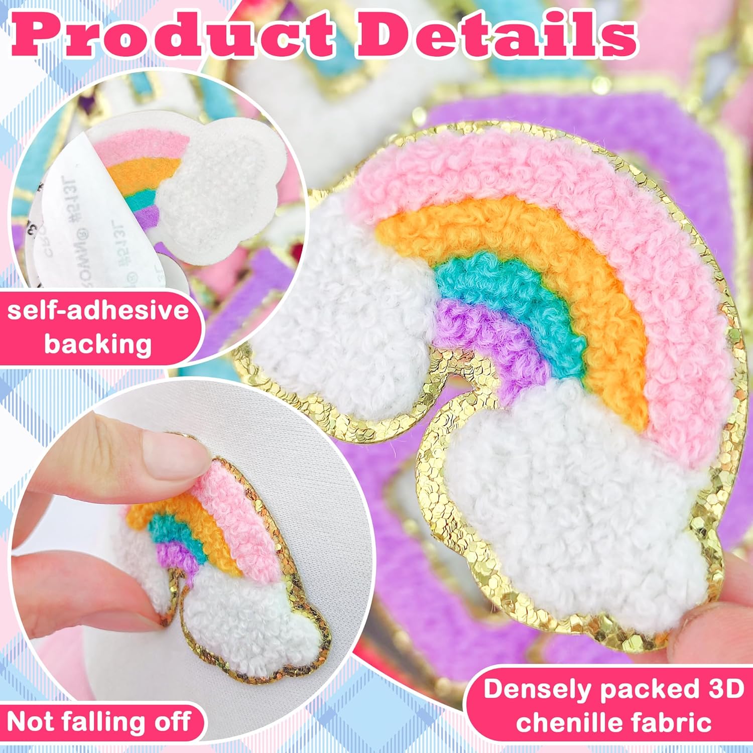 Alternative view of 72Pcs Chenille Letters Patches Self Adhesive Include 52 Stick on Varsity Letter Patches 20pcs Bow Flower Rainbow Lightning Chenille Patch Stickers for Trucker Hats Clothes Jackets Bag Backpacks