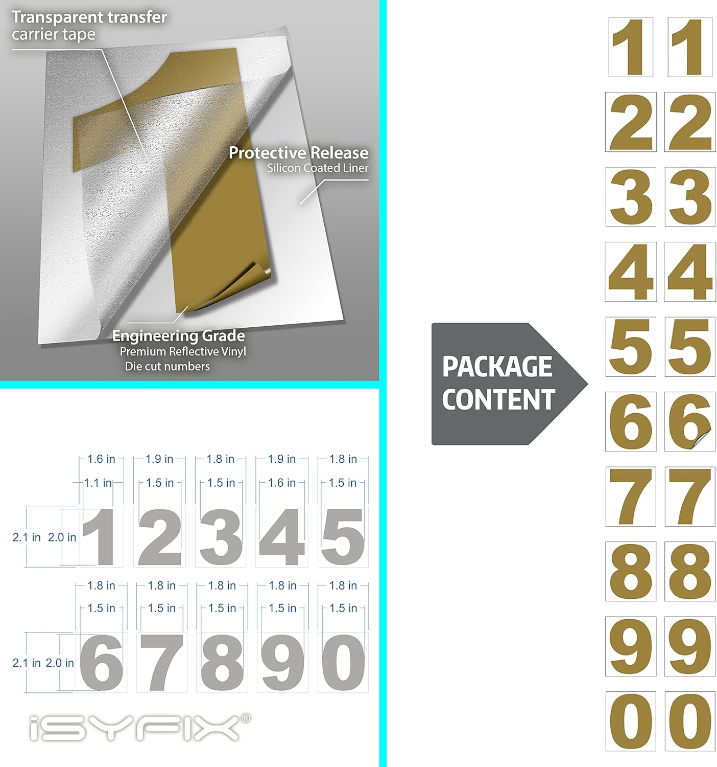 iSYFIX Gold Vinyl Numbers Stickers u2013 2 Inch Self Adhesive (2 Sets) Premium Decal Die Cut and PreSpaced for Mailbox, Signs, Window, Door, Cars, Trucks, Homes, Businesses, Address Numbers, Indoor or