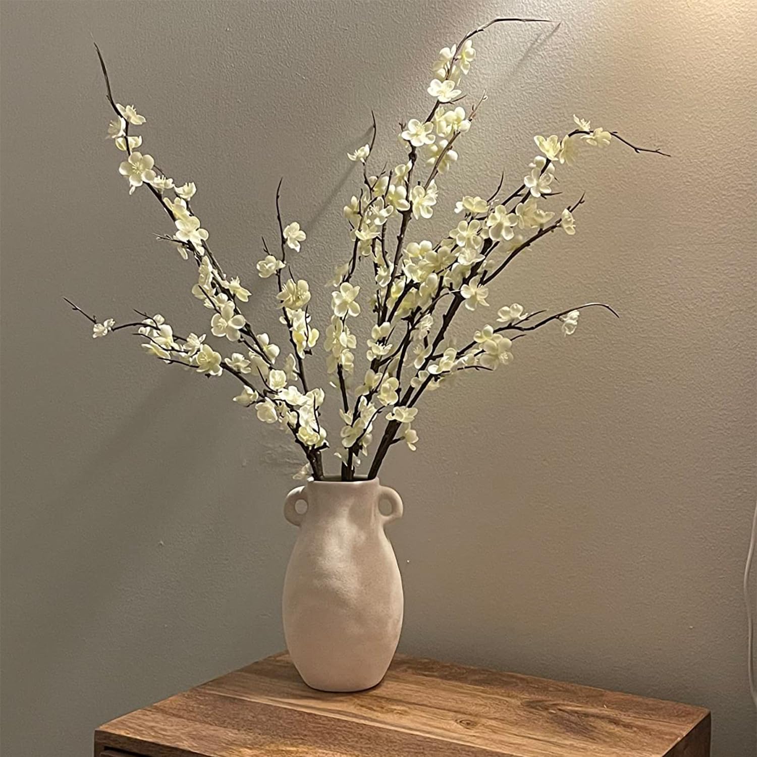 Ammyoo 4Pcs Cherry Blossom Branches Artificial Flowers for Spring Summer Indoor Decoration,Faux Long Stem Artificial Flowers for Wedding Home Office Bedroom Party Table Centerpieces Decor(White)