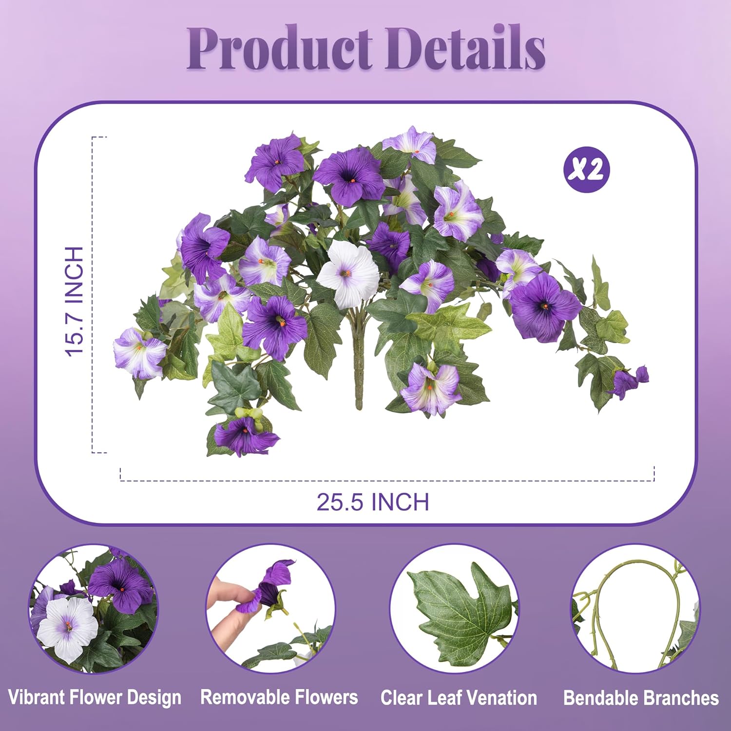 Ammyoo Artificial Fake Flowers Plants for Outdoor Decoration, 2PCS Faux Petunias Silk Flower UV Resistant No Fade for Home Outside Garden Balcony Yard Porch Realistic Indoor Decor (Purple White)
