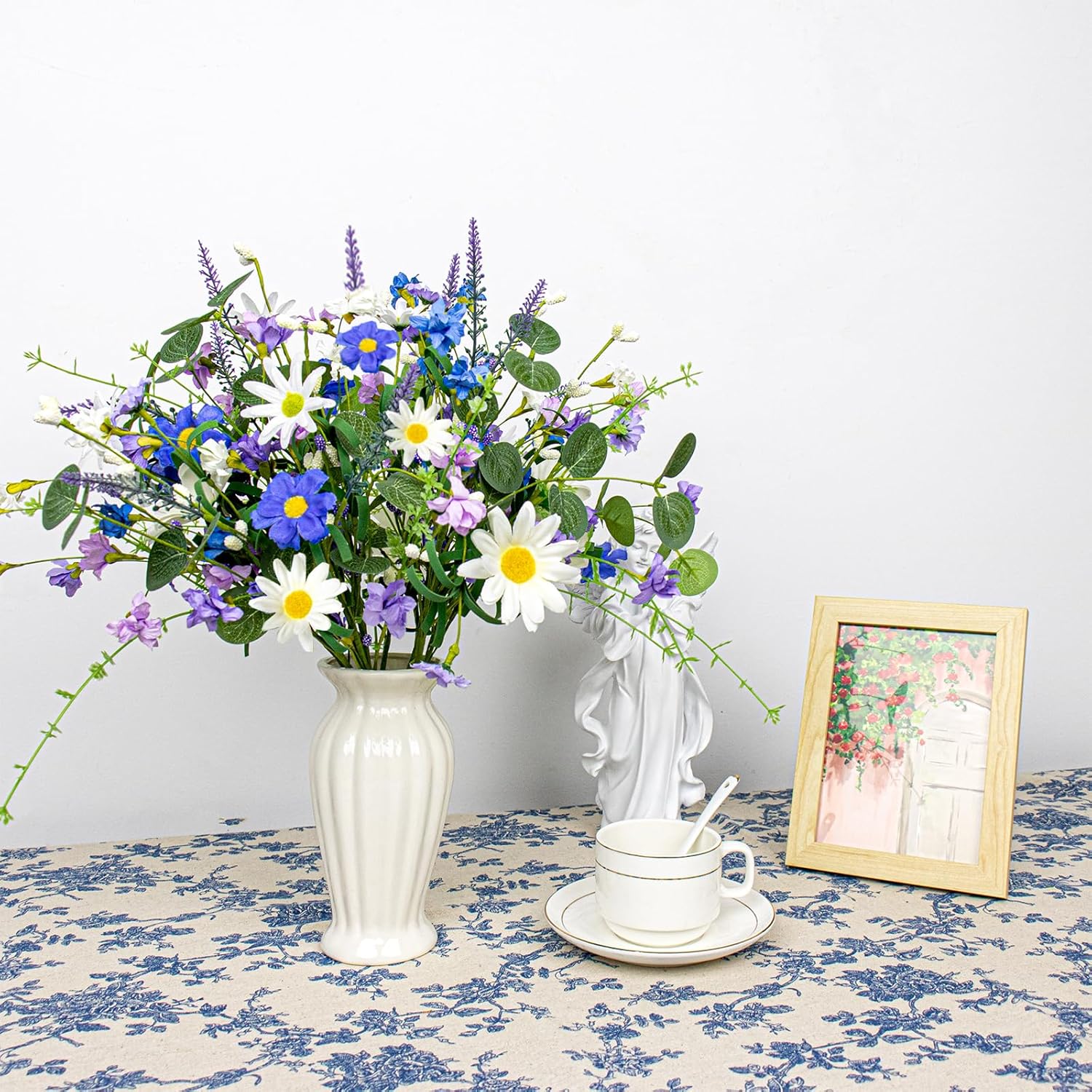 DIYFLORU 12 PCs Artificial Spring Flowers Blue Rustic Blue and White Artificial Flowers Wildflower Floral Stems with Daffodils Daisy Flower Picks for Vase Table Centerpieces Kitchen Spring Decor