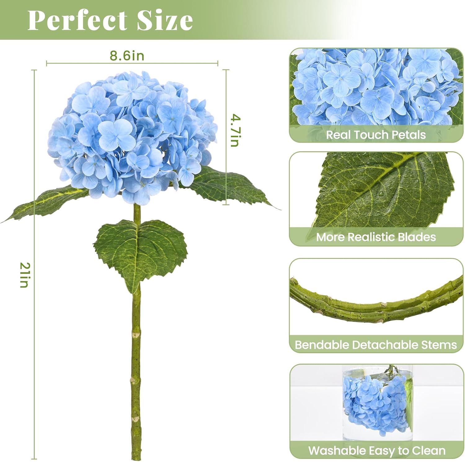 MARTINE MALL 3Pcs 21in Hydrangea Artificial Flowers, Latex Real Touch Hydrangeas Lifelike Large Hydrangea Flowers for Home Decor Party Arrangements Wedding Bouquets Centerpieces (Blue)