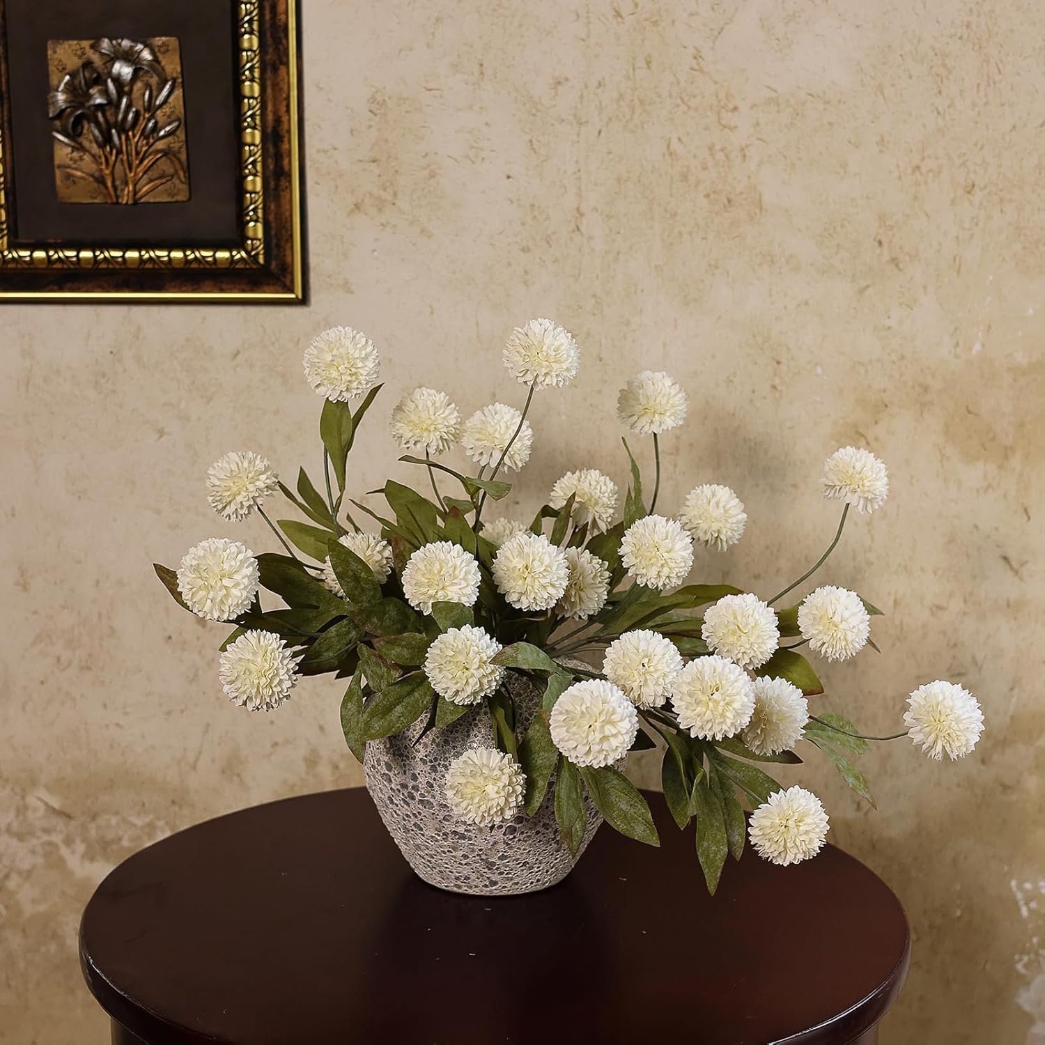 VIERENA 6 Pcs Faux Silk Pompon Mum Artificial Flowers for Vase -27", Bulk Fake Chrysanth Branches with Stems for DIY Bouquet Centerpieces Wedding Fillers Arrangements Shower Decorations (Cream) - Image 3