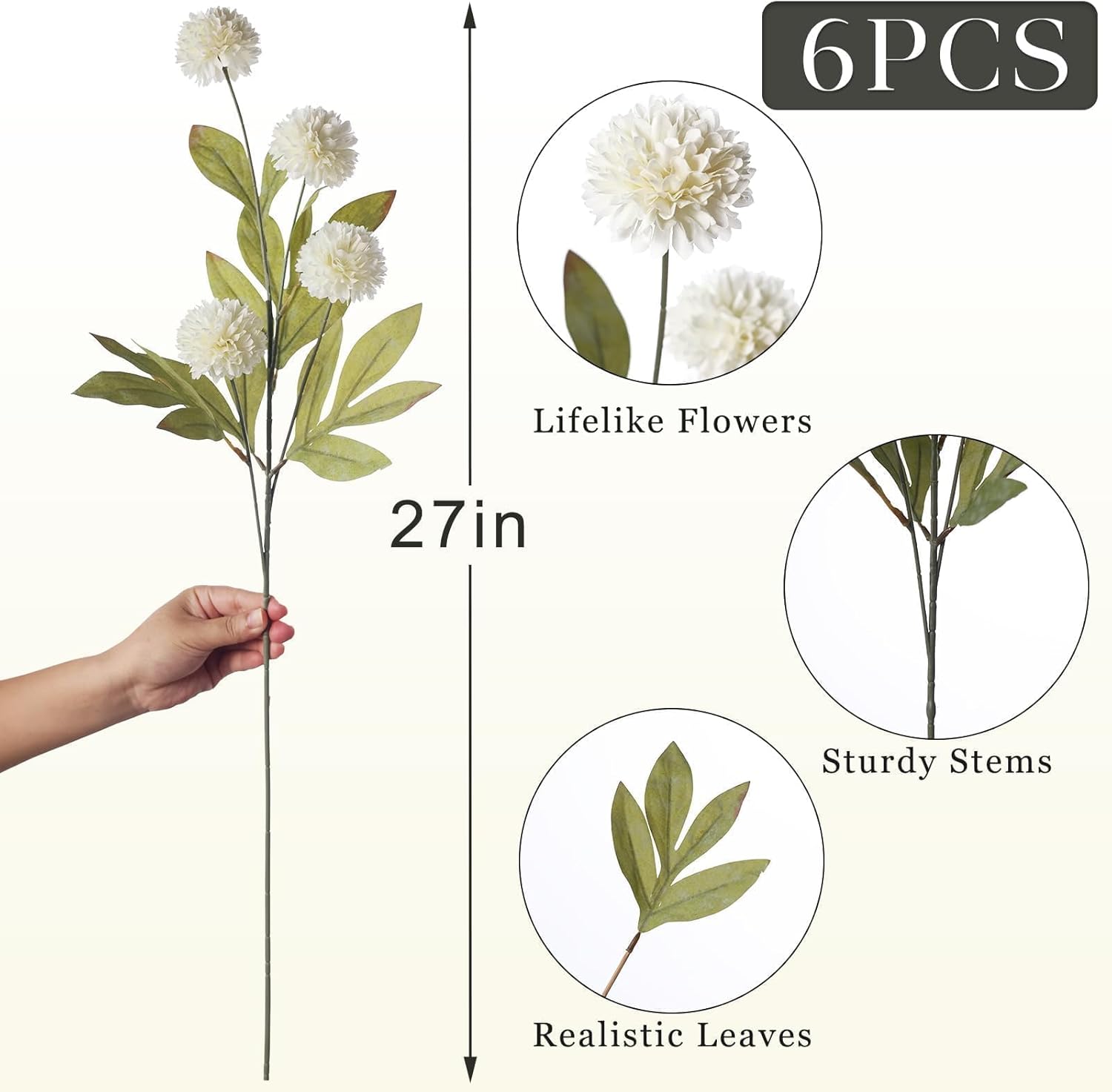 VIERENA 6 Pcs Faux Silk Pompon Mum Artificial Flowers for Vase -27", Bulk Fake Chrysanth Branches with Stems for DIY Bouquet Centerpieces Wedding Fillers Arrangements Shower Decorations (Cream) - Image 5