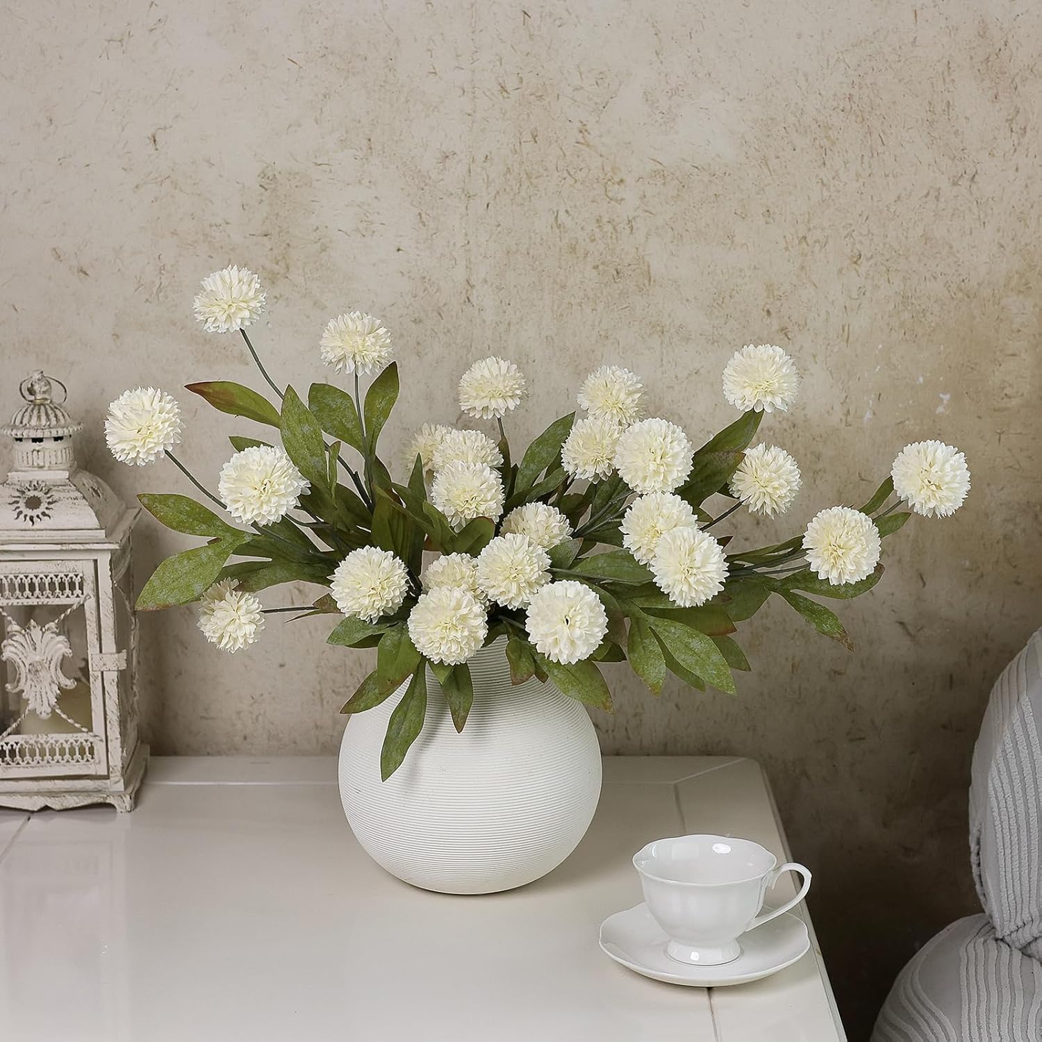 VIERENA 6 Pcs Faux Silk Pompon Mum Artificial Flowers for Vase -27", Bulk Fake Chrysanth Branches with Stems for DIY Bouquet Centerpieces Wedding Fillers Arrangements Shower Decorations (Cream) - Image 6