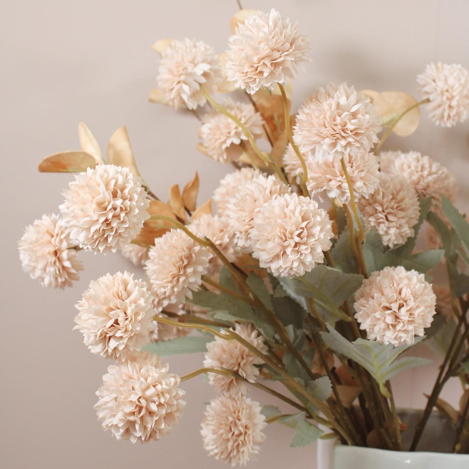 Artificial Flowers for Vase - Beige Silk Mums 10 Long Stems with Eucalyptus, Faux Flowers Home Decor, Neutral Tan Cream Floral Arrangement, Fake Chrysanthemum Pom Pom Stems, Spring Fall Centerpiece - Image 3