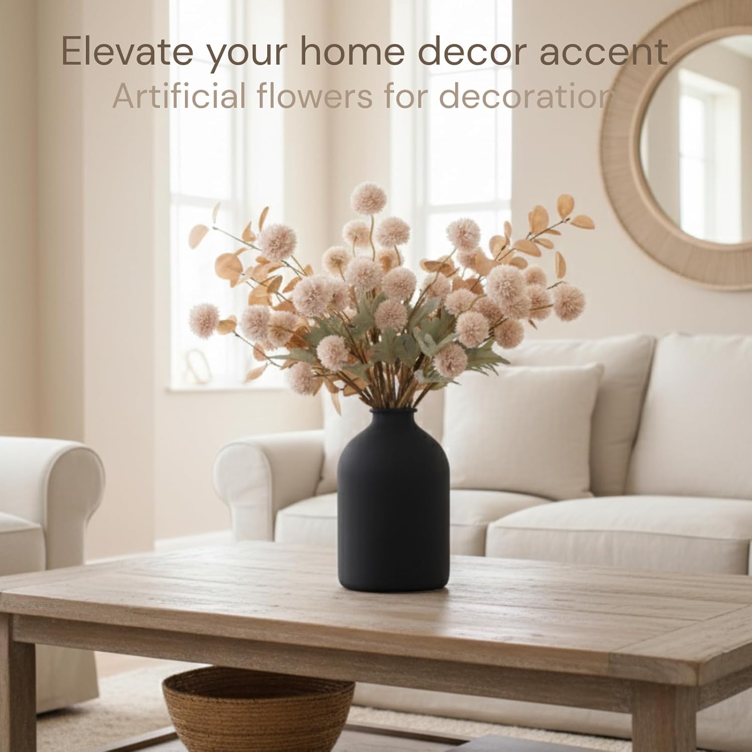 Artificial Flowers for Vase - Beige Silk Mums 10 Long Stems with Eucalyptus, Faux Flowers Home Decor, Neutral Tan Cream Floral Arrangement, Fake Chrysanthemum Pom Pom Stems, Spring Fall Centerpiece - Image 4