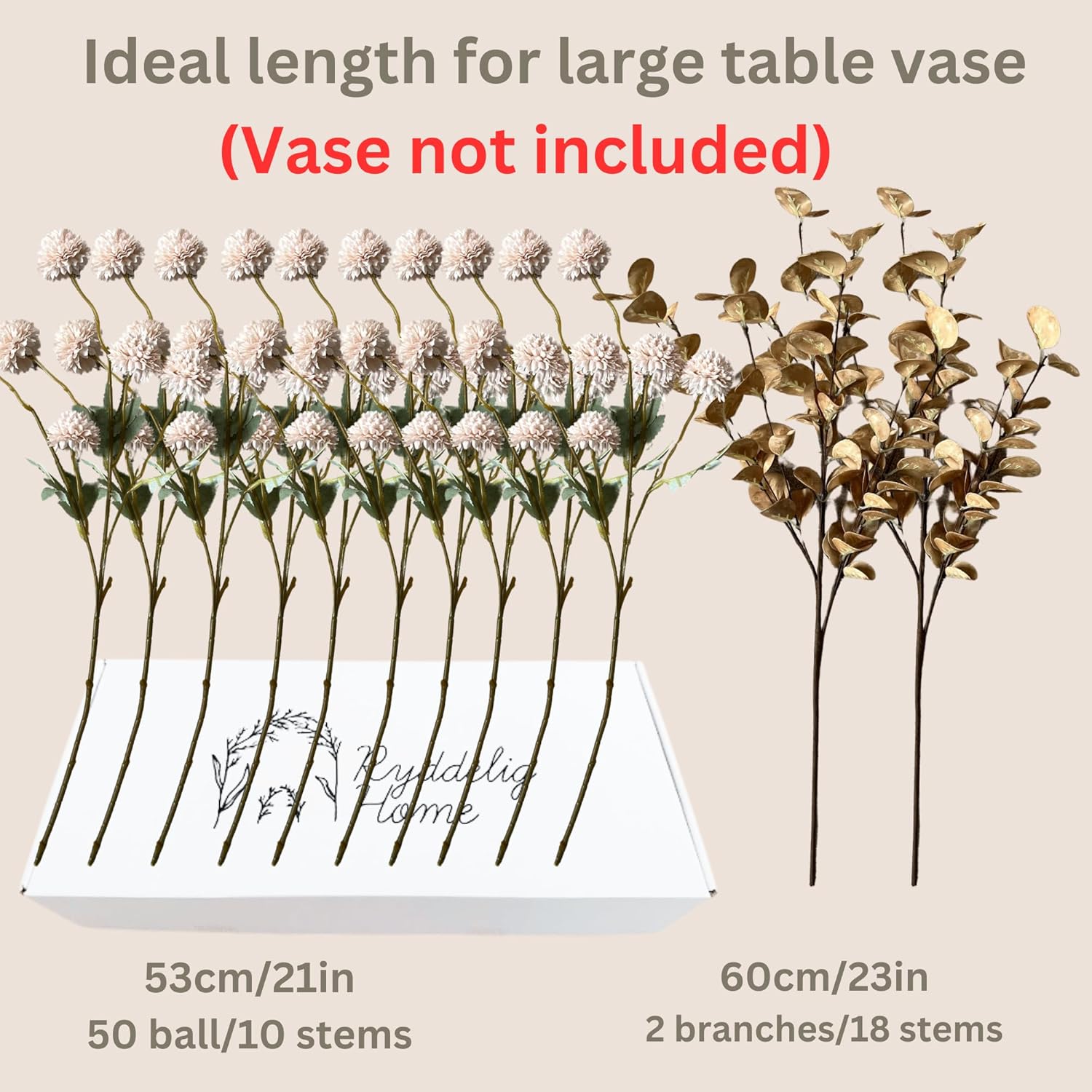 Artificial Flowers for Vase - Beige Silk Mums 10 Long Stems with Eucalyptus, Faux Flowers Home Decor, Neutral Tan Cream Floral Arrangement, Fake Chrysanthemum Pom Pom Stems, Spring Fall Centerpiece - Image 5
