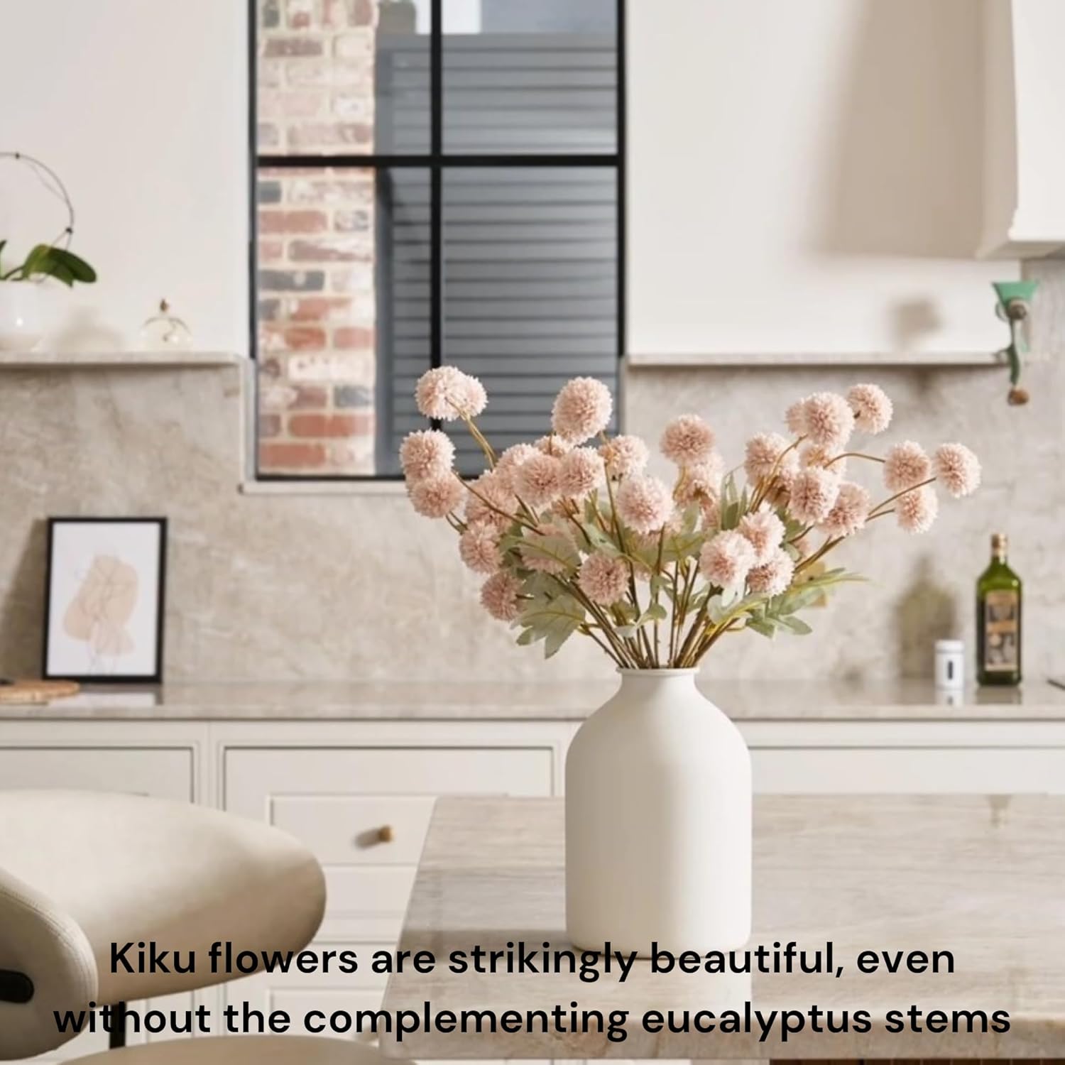 Artificial Flowers for Vase - Beige Silk Mums 10 Long Stems with Eucalyptus, Faux Flowers Home Decor, Neutral Tan Cream Floral Arrangement, Fake Chrysanthemum Pom Pom Stems, Spring Fall Centerpiece - Image 6