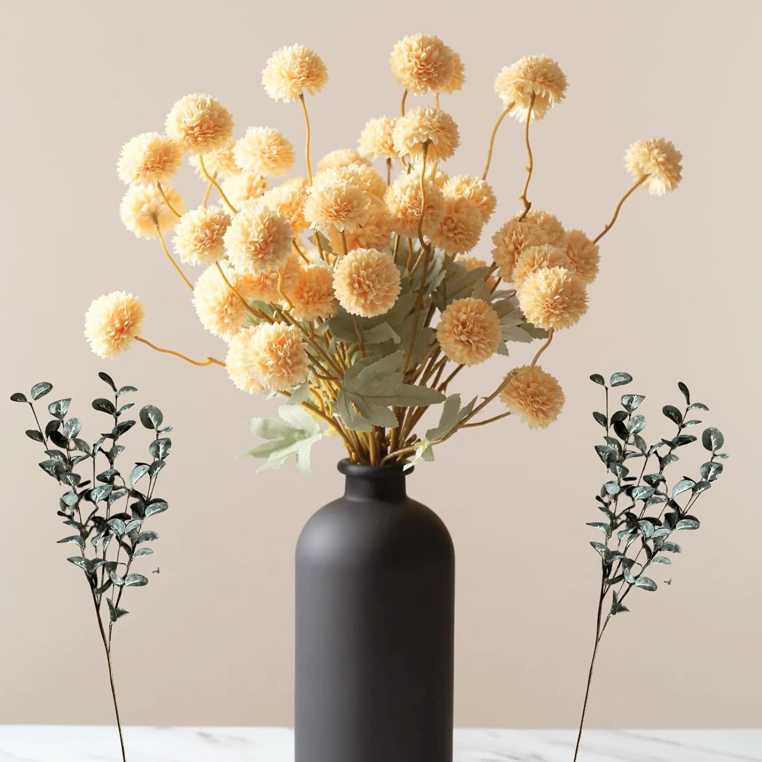 Artificial Flowers for Vase - Beige Silk Mums 10 Long Stems with Eucalyptus, Faux Flowers Home Decor, Neutral Tan Cream Floral Arrangement, Fake Chrysanthemum Pom Pom Stems, Spring Fall Centerpiece - Image 9