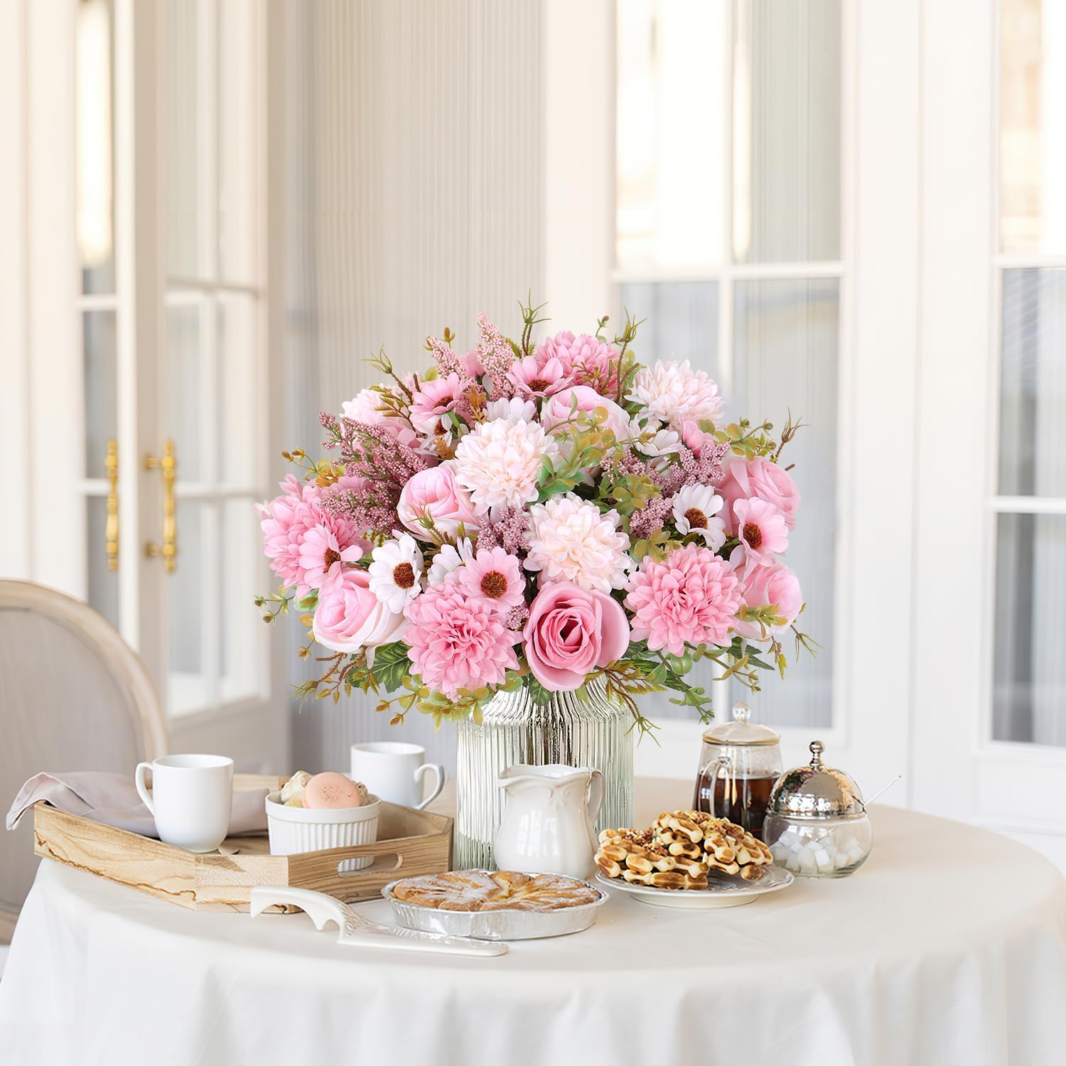 Dremisland Artificial Flowers Like Real Artificial Bouquet 2 Packs Silk Artificial Roses Bouquet with Daisy Chrysanthemum Pink Flowers for Valentines Day Centerpiece Table Wedding Party Decor