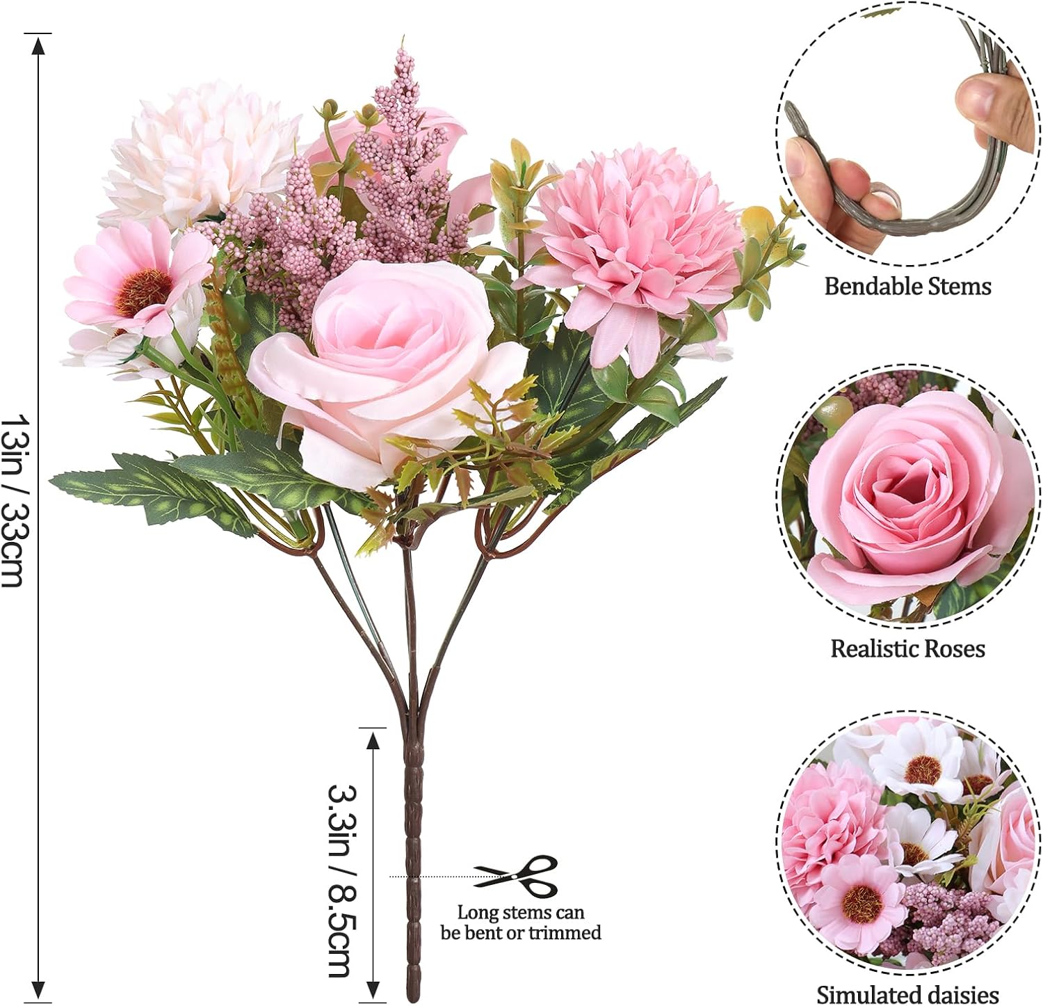 Dremisland Artificial Flowers Like Real Artificial Bouquet 2 Packs Silk Artificial Roses Bouquet with Daisy Chrysanthemum Pink Flowers for Valentines Day Centerpiece Table Wedding Party Decor - Image 2