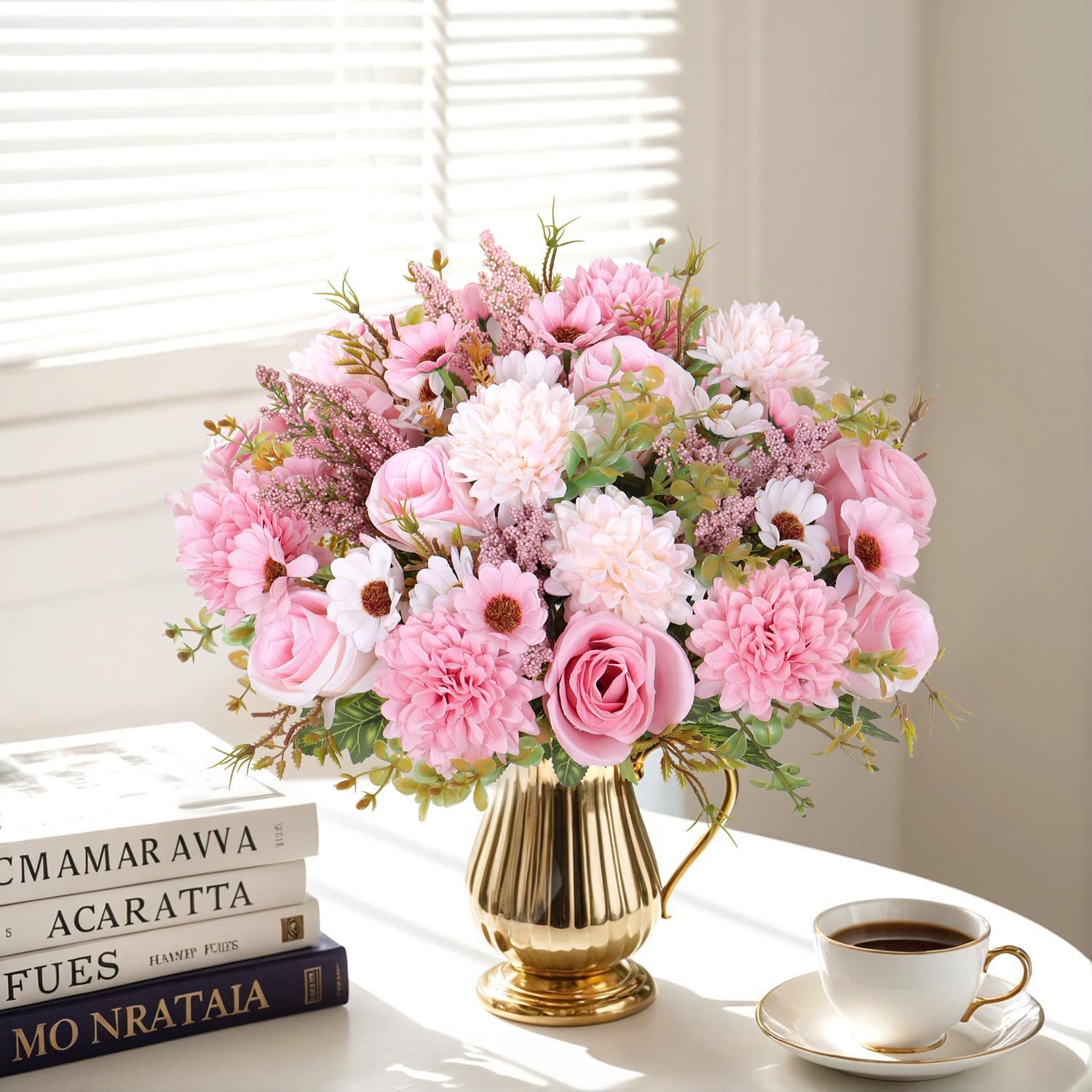 Dremisland Artificial Flowers Like Real Artificial Bouquet 2 Packs Silk Artificial Roses Bouquet with Daisy Chrysanthemum Pink Flowers for Valentines Day Centerpiece Table Wedding Party Decor - Image 3