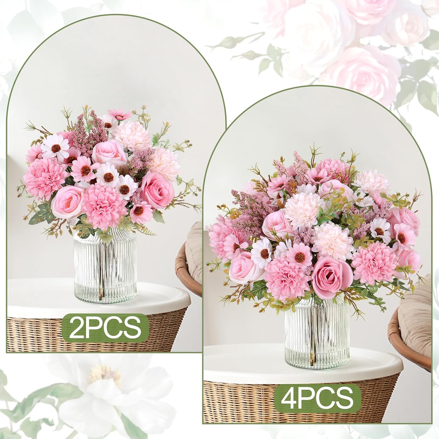 Dremisland Artificial Flowers Like Real Artificial Bouquet 2 Packs Silk Artificial Roses Bouquet with Daisy Chrysanthemum Pink Flowers for Valentines Day Centerpiece Table Wedding Party Decor - Image 5