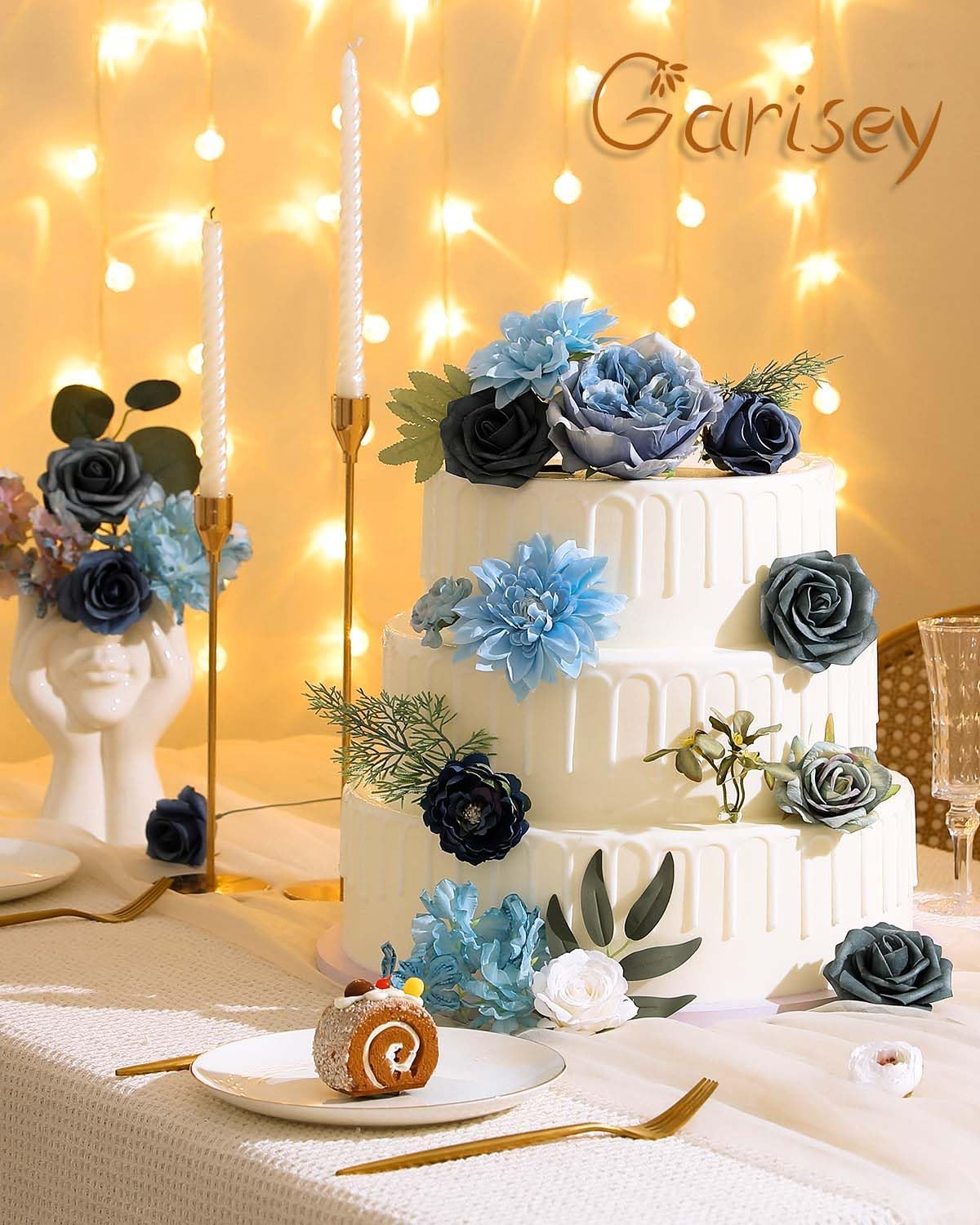 Garisey Artificial Flowers Combo Box Set Dusty Blue Flowers for DIY Wedding Bouquet Arrangements Bridal Shower Party Home Decorations(White Blue Rose)