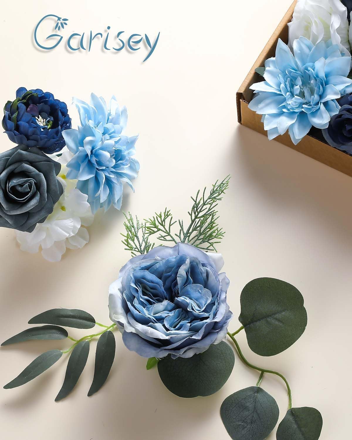 Garisey Artificial Flowers Combo Box Set Dusty Blue Flowers for DIY Wedding Bouquet Arrangements Bridal Shower Party Home Decorations(White Blue Rose) - Image 2