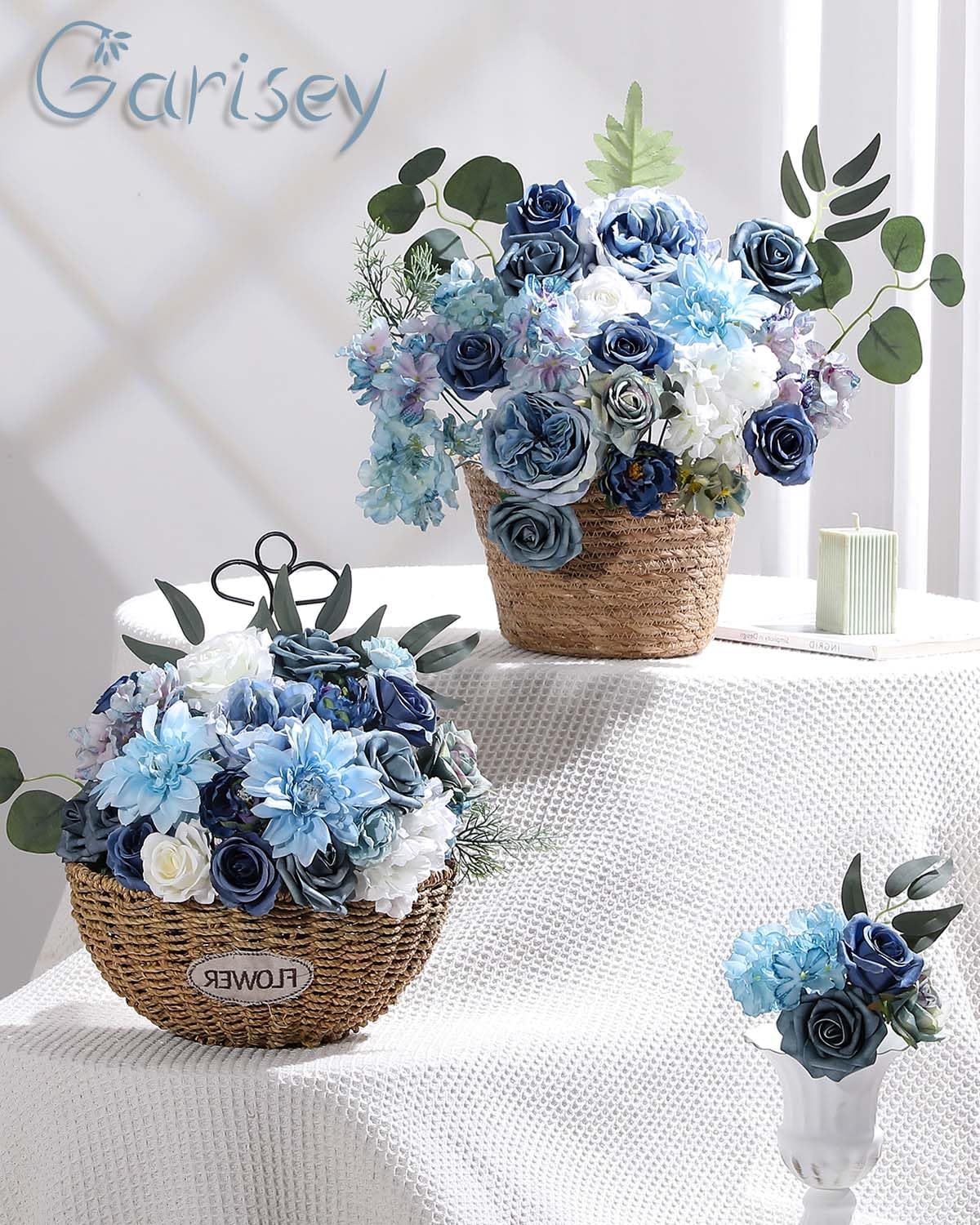 Garisey Artificial Flowers Combo Box Set Dusty Blue Flowers for DIY Wedding Bouquet Arrangements Bridal Shower Party Home Decorations(White Blue Rose) - Image 3