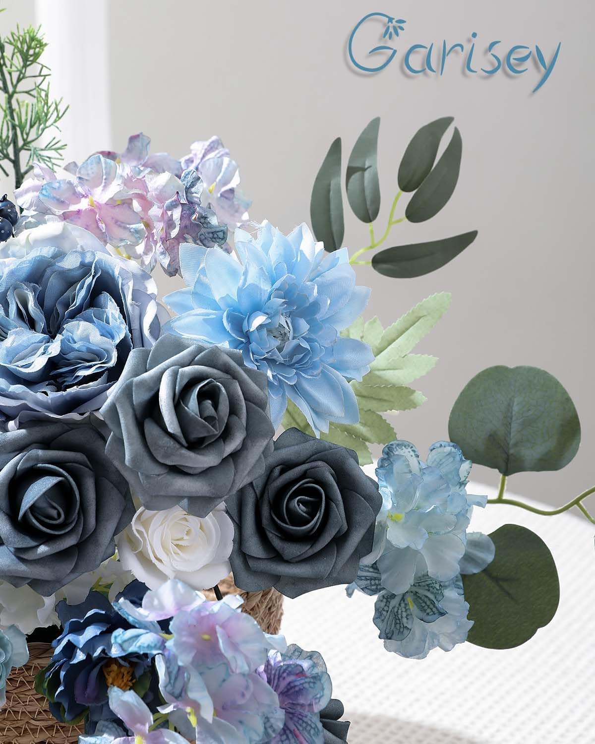 Garisey Artificial Flowers Combo Box Set Dusty Blue Flowers for DIY Wedding Bouquet Arrangements Bridal Shower Party Home Decorations(White Blue Rose) - Image 5