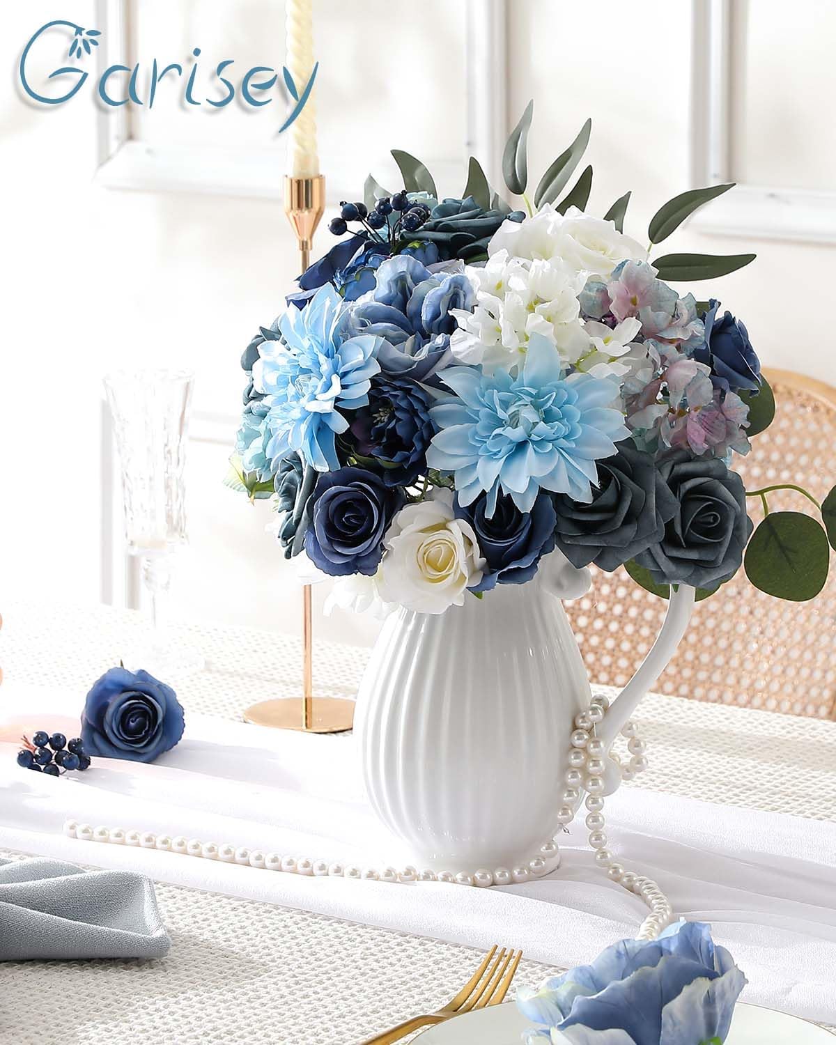 Garisey Artificial Flowers Combo Box Set Dusty Blue Flowers for DIY Wedding Bouquet Arrangements Bridal Shower Party Home Decorations(White Blue Rose) - Image 6