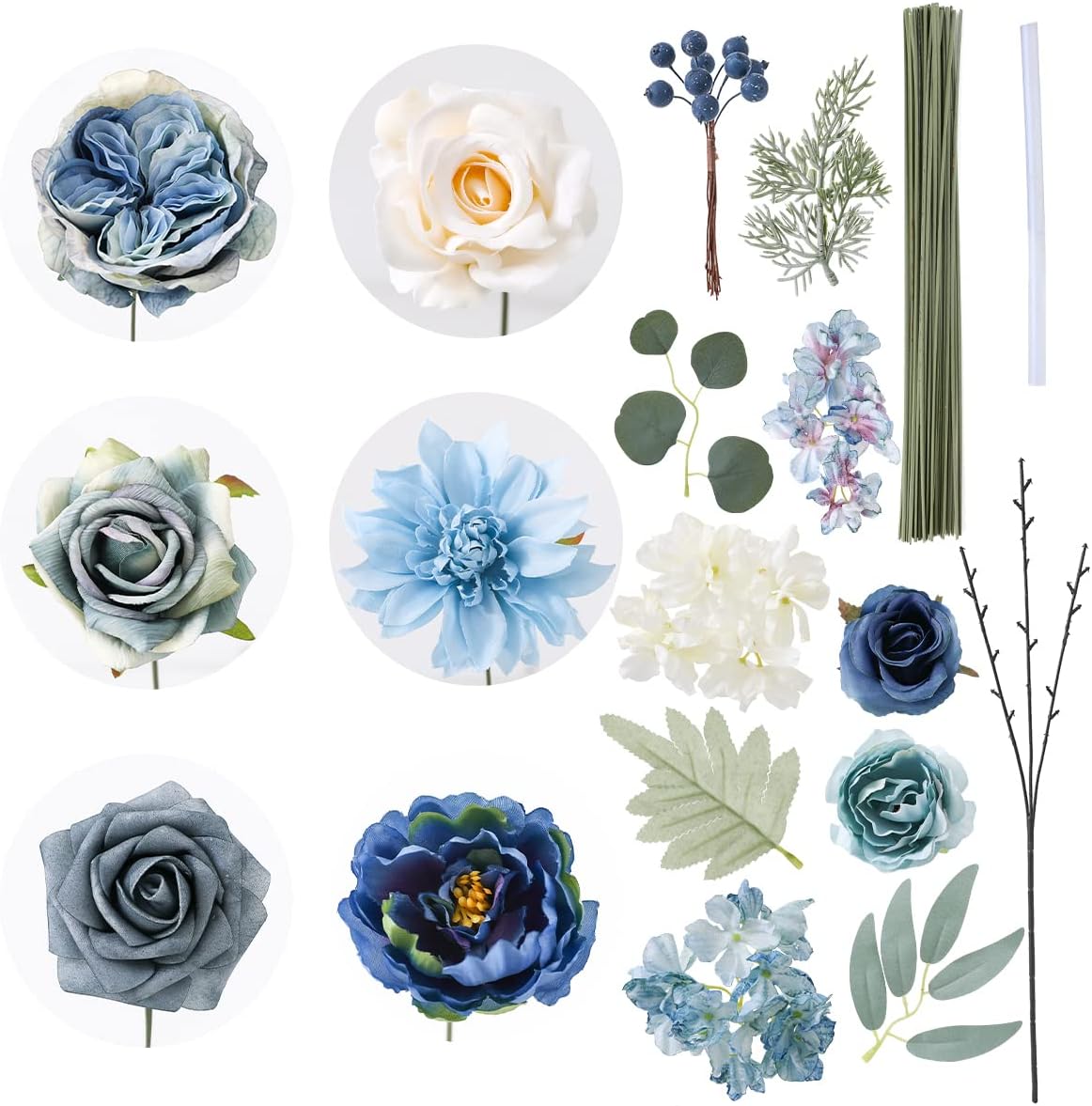 Garisey Artificial Flowers Combo Box Set Dusty Blue Flowers for DIY Wedding Bouquet Arrangements Bridal Shower Party Home Decorations(White Blue Rose) - Image 7