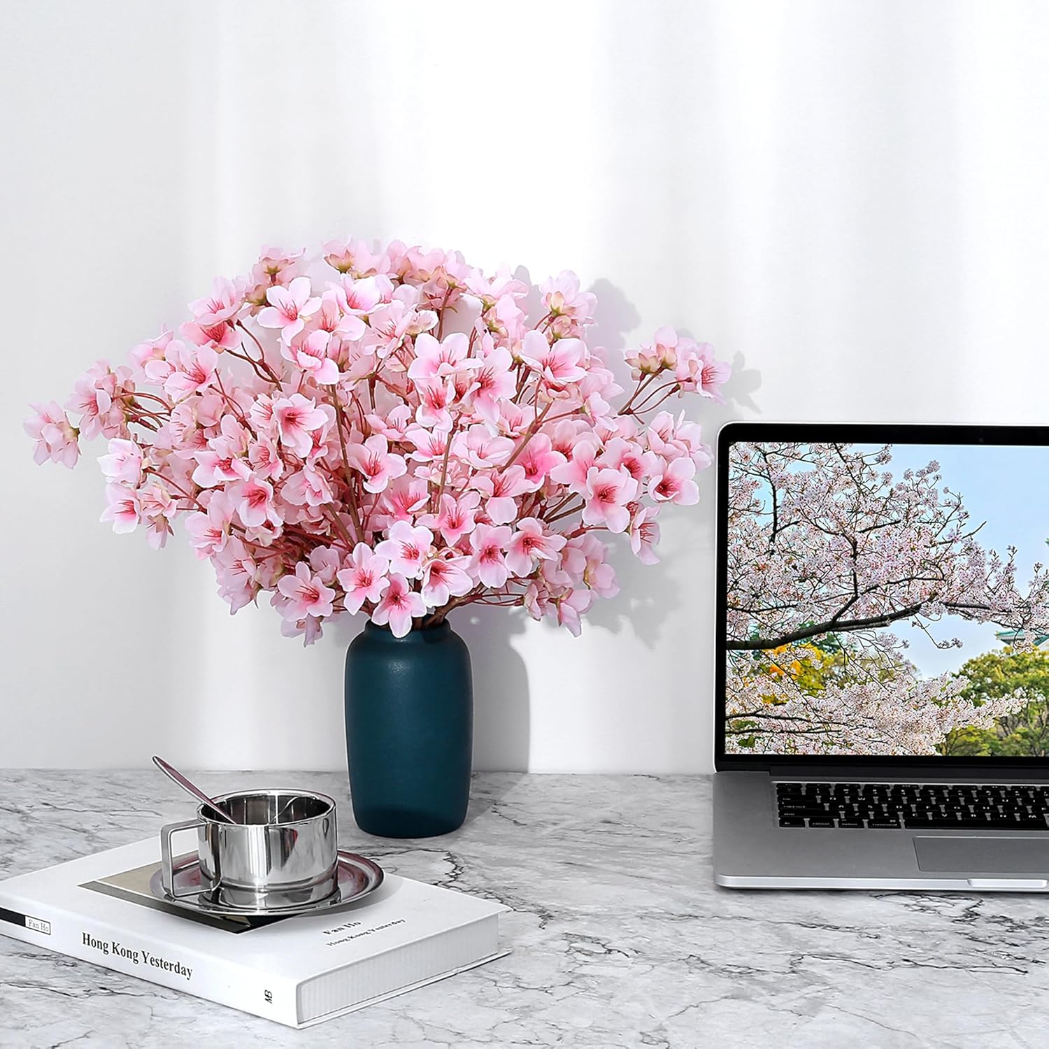 SITUMEIZI 6Pcs Artificial Cherry Blossom Branches Decor Fake Flowers Silk Spring Faux Flowers 16" Peach Bouquet for Home Wedding Bedroom Japanese Decoration DIY Table Centerpiece Arrangement(Pink)