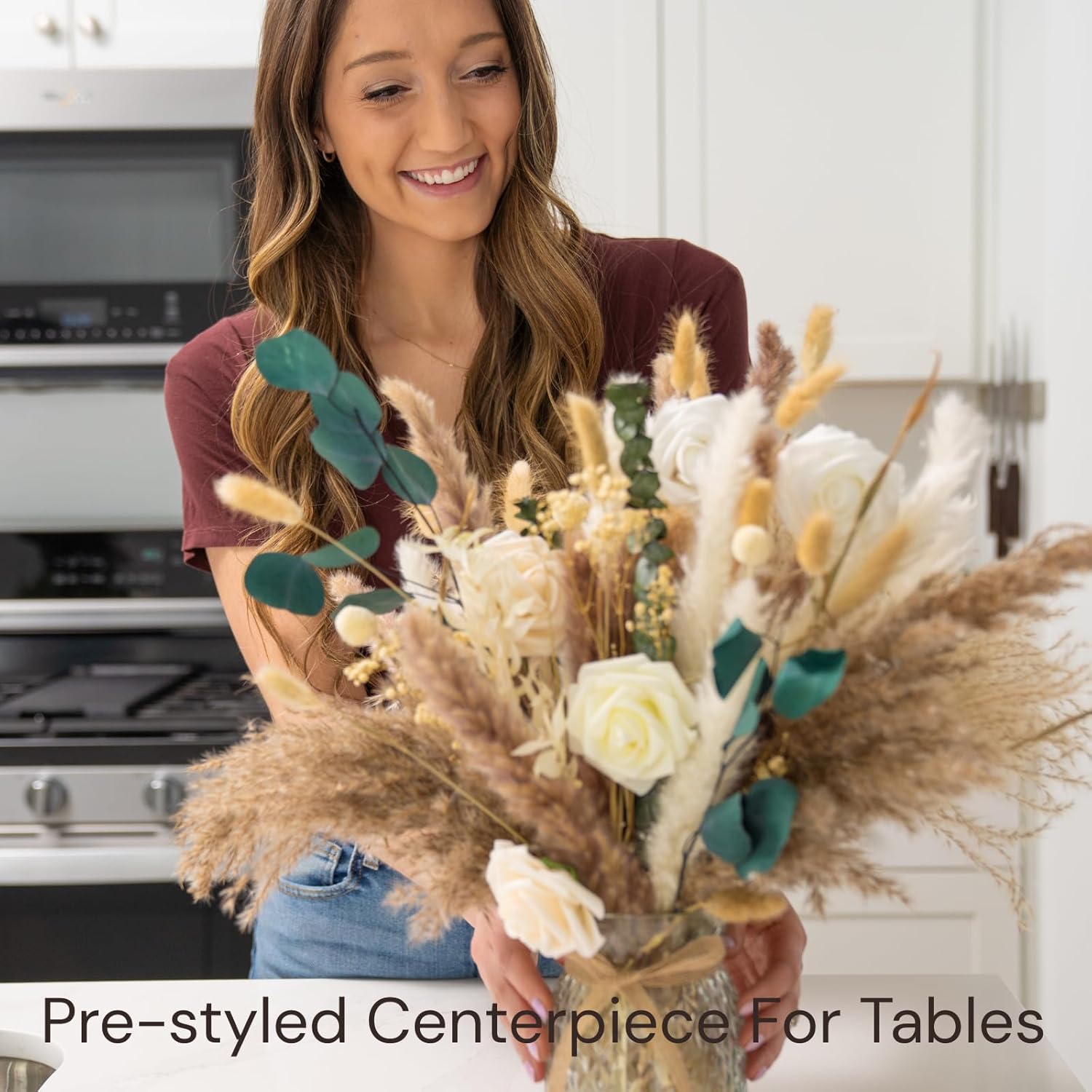 100pcs Artificial Flowers Arrangement With Vase Included, Dining Table Centerpiece Decorations, Fake Flowers in Vase, Dried Pampas Grass Floral Centerpieces, Coffee Table Decor, Centro de Mesa - Image 4