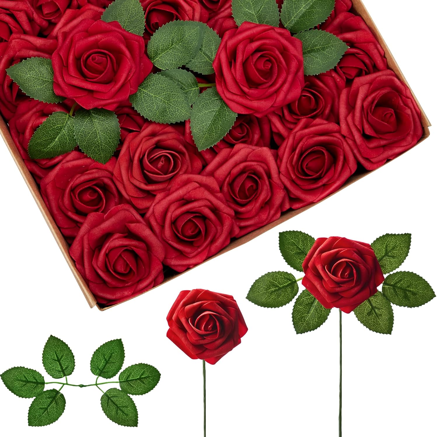 InnoGear Artificial Flowers, 50 Pcs Dark Red Foam Fake Roses Bulk with Stems for Decoration Celebration DIY Wedding Bouquets Centerpieces Bridal Shower Party Christmas Tree - Image 9