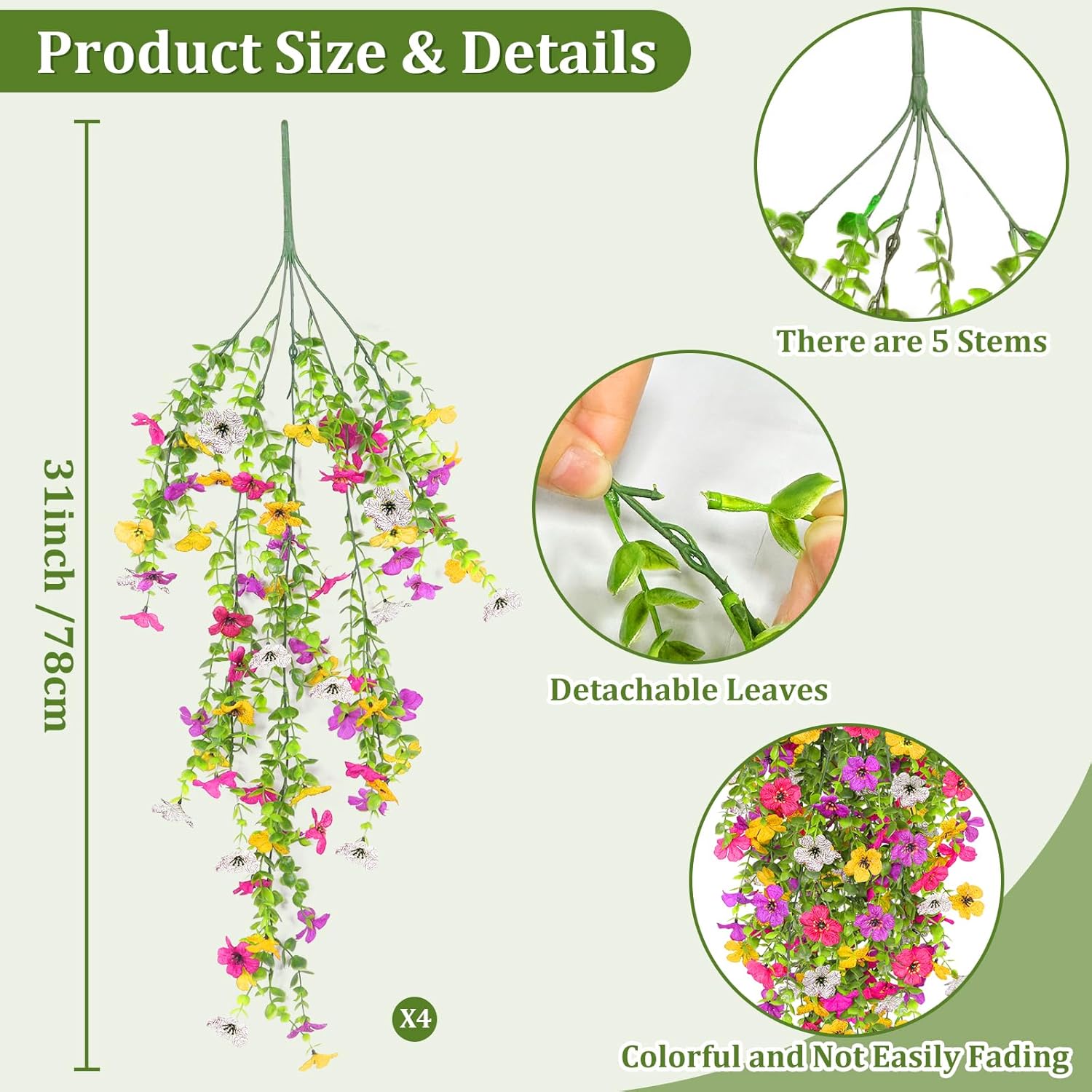 TURNMEON 4 Pcs Artificial Flowers for Outdoors Spring Decoration, Fake Hanging Flowers Plants UV Resistant Faux Plastic Realistic Silk Flower for Outside Gardens Porch Planter Patio Yard Home Indoor